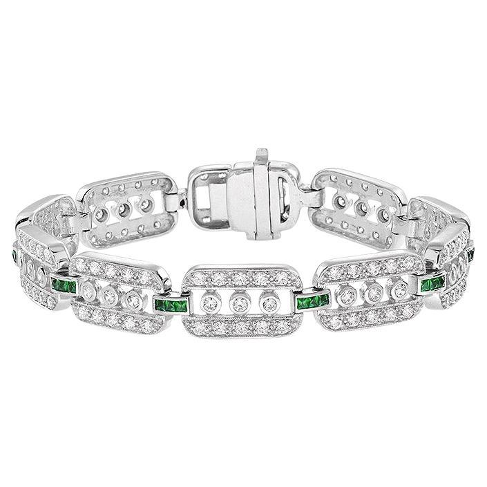 Art Deco Style Diamond & Emerald Line Unique 14K White Gold Bracelet