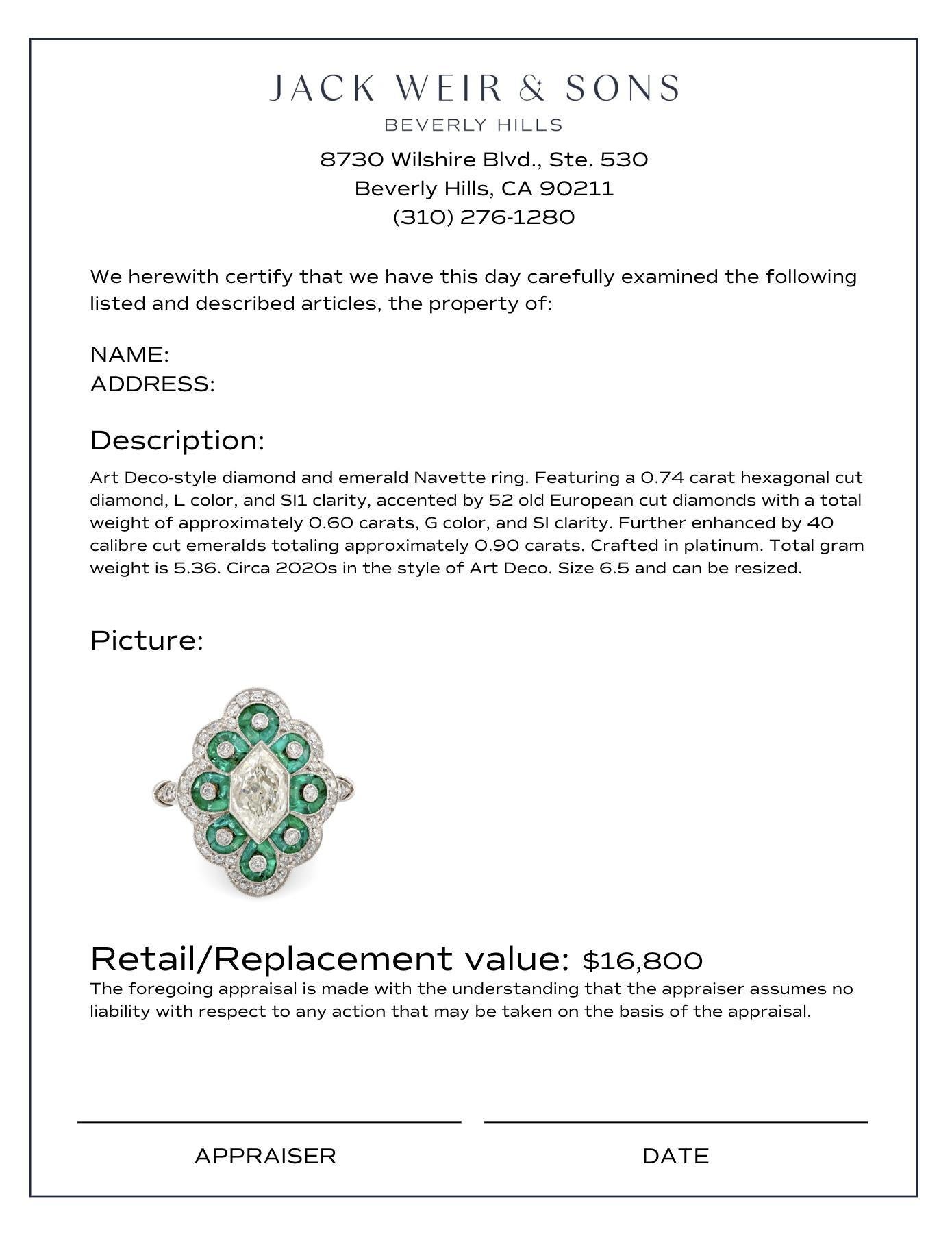 Women's or Men's Art Deco style diamond emerald platinum Navette ring For Sale