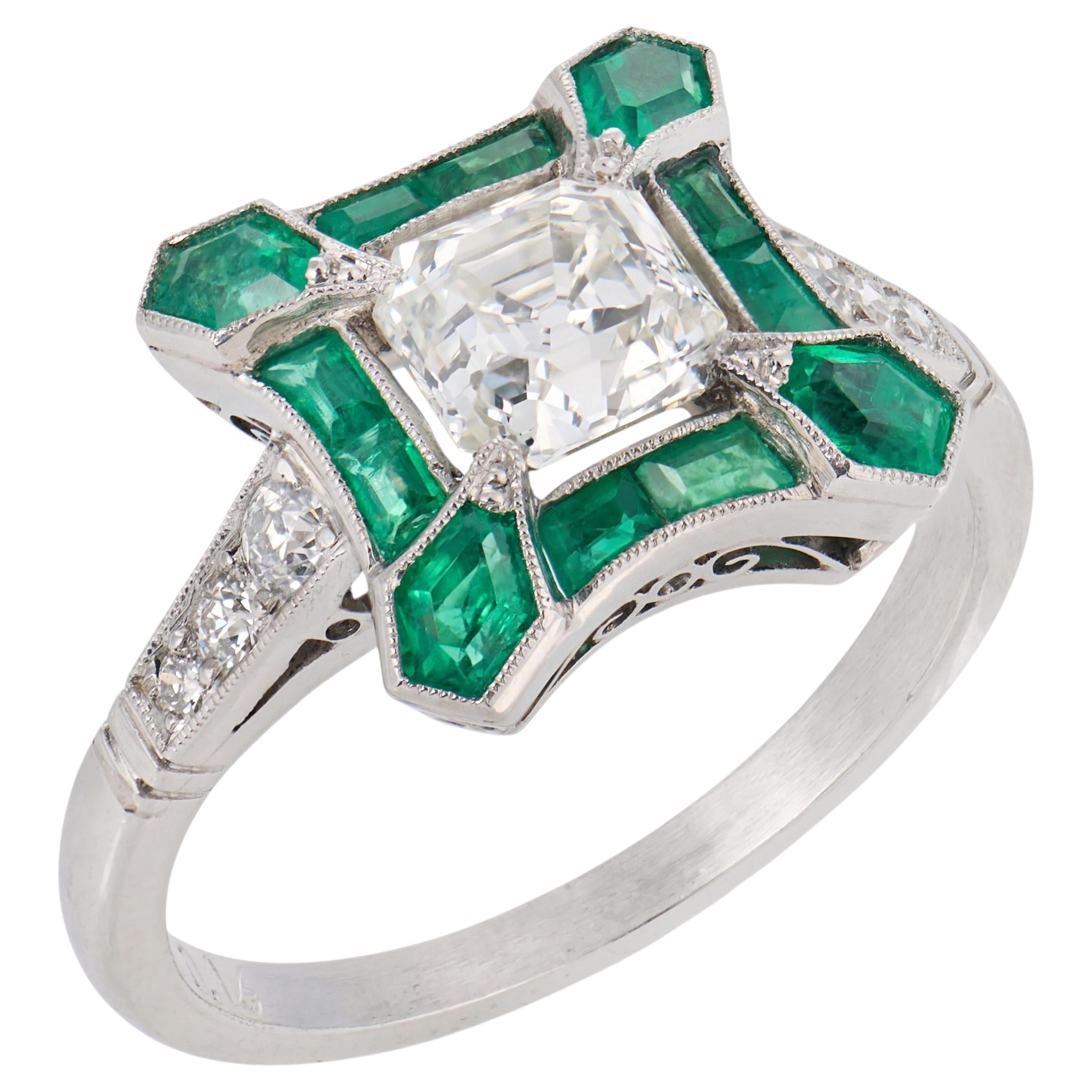 Art Deco style diamond emerald platinum ring