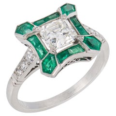 Art Deco style diamond emerald platinum ring