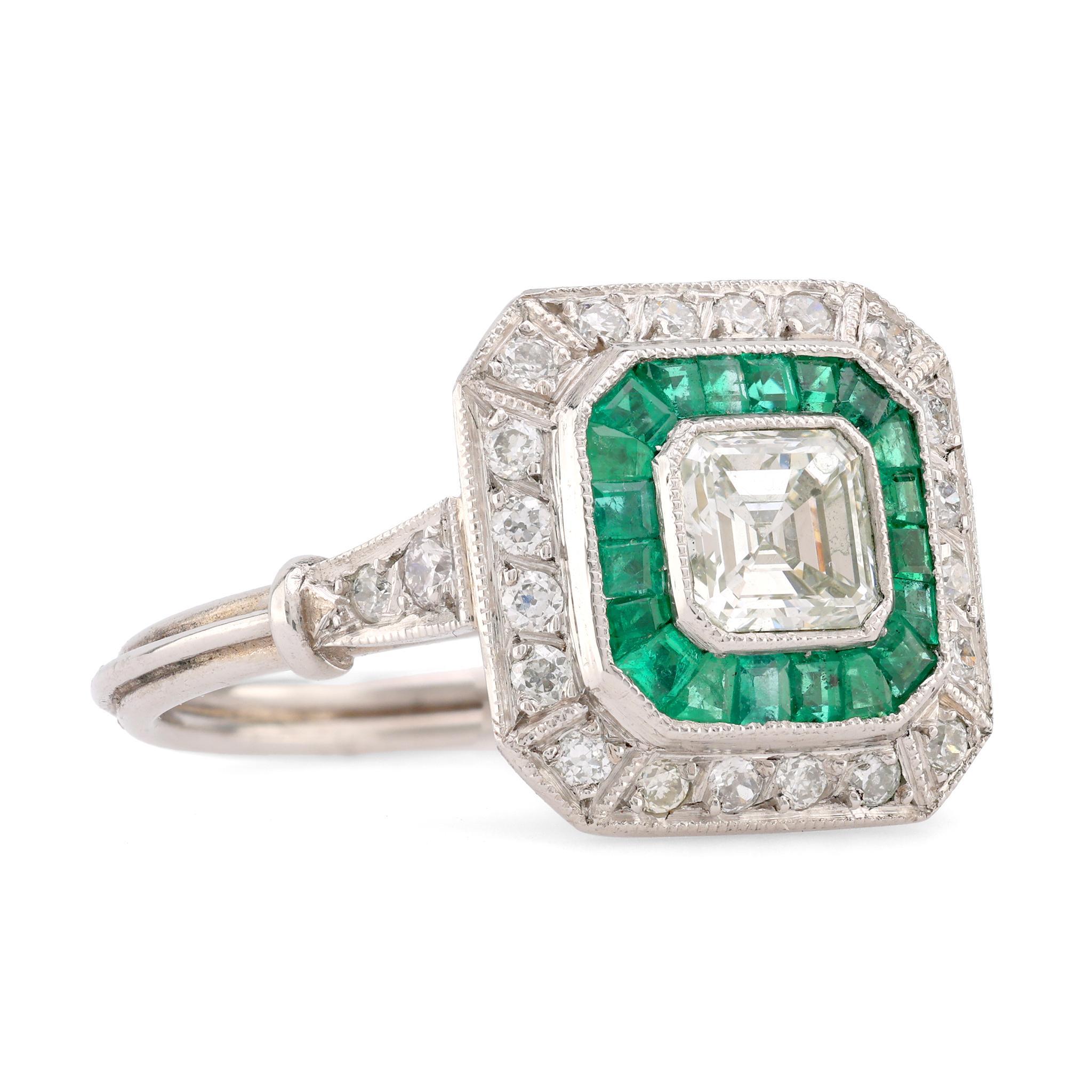Asscher Cut Art Deco Style Diamond Emerald Platinum Square Halo Ring For Sale