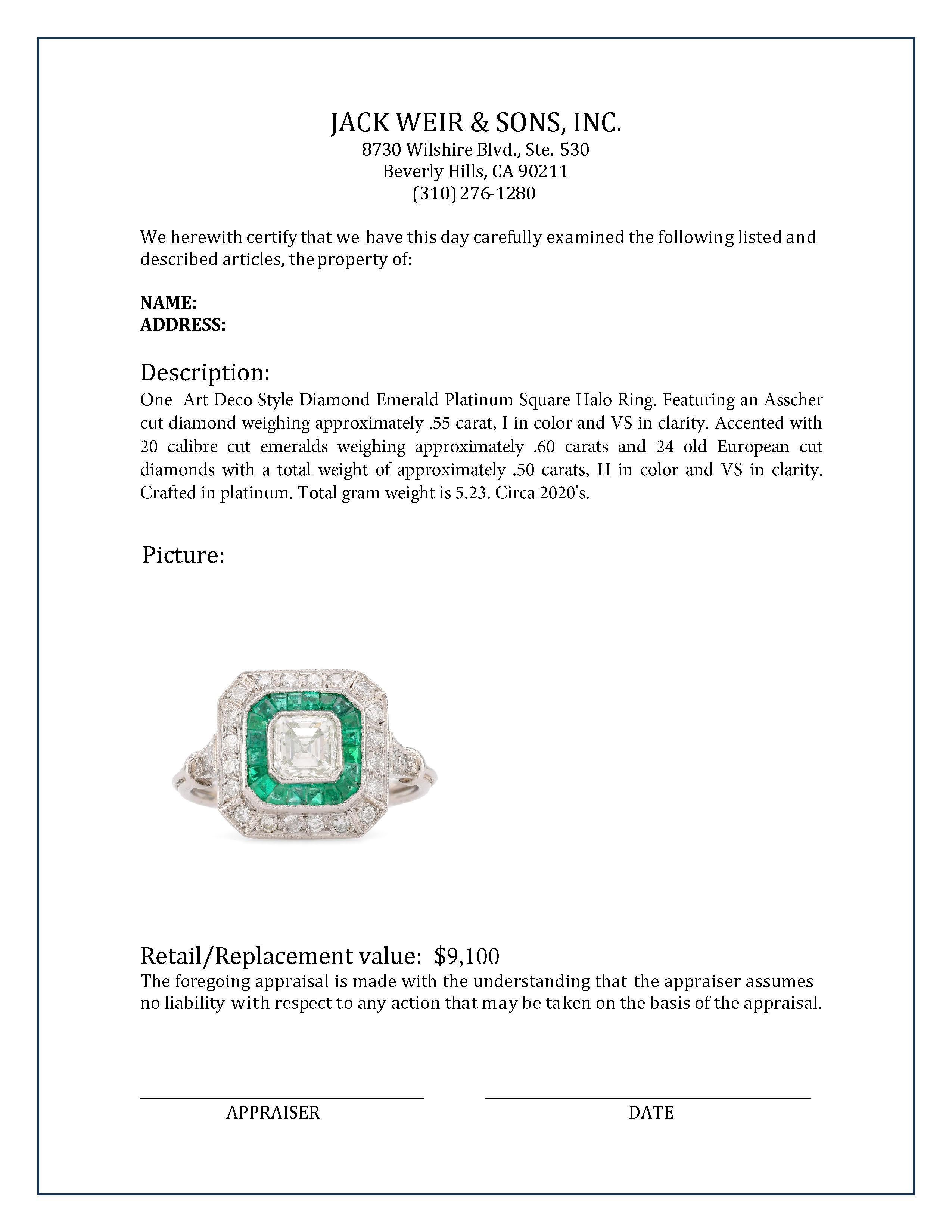 Women's or Men's Art Deco Style Diamond Emerald Platinum Square Halo Ring For Sale