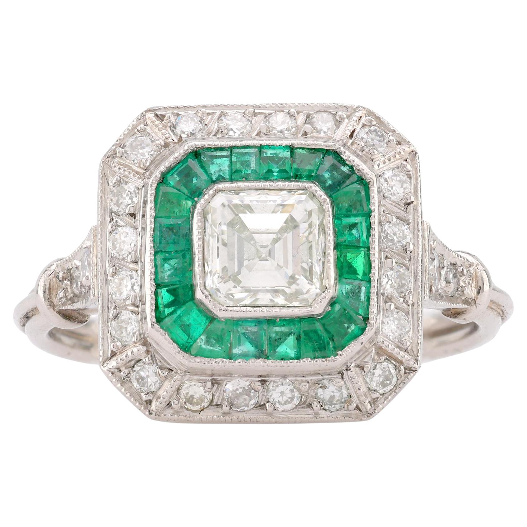 Art Deco Style Diamond Emerald Platinum Square Halo Ring For Sale