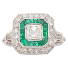 Art Deco Style Diamond Emerald Platinum Square Halo Ring