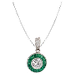 Art Deco style diamond emerald platinum target pendant necklace