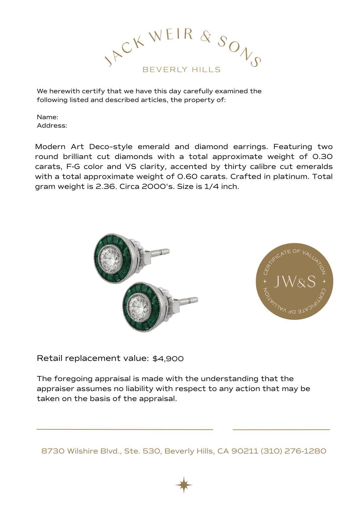 Pendientes de diamante esmeralda en blanco de platino estilo Art Déco Corte brillante en venta