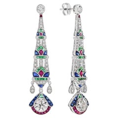 Art Deco Style Diamond Emerald Ruby and Sapphire Dangle Earrings in 18K Gold