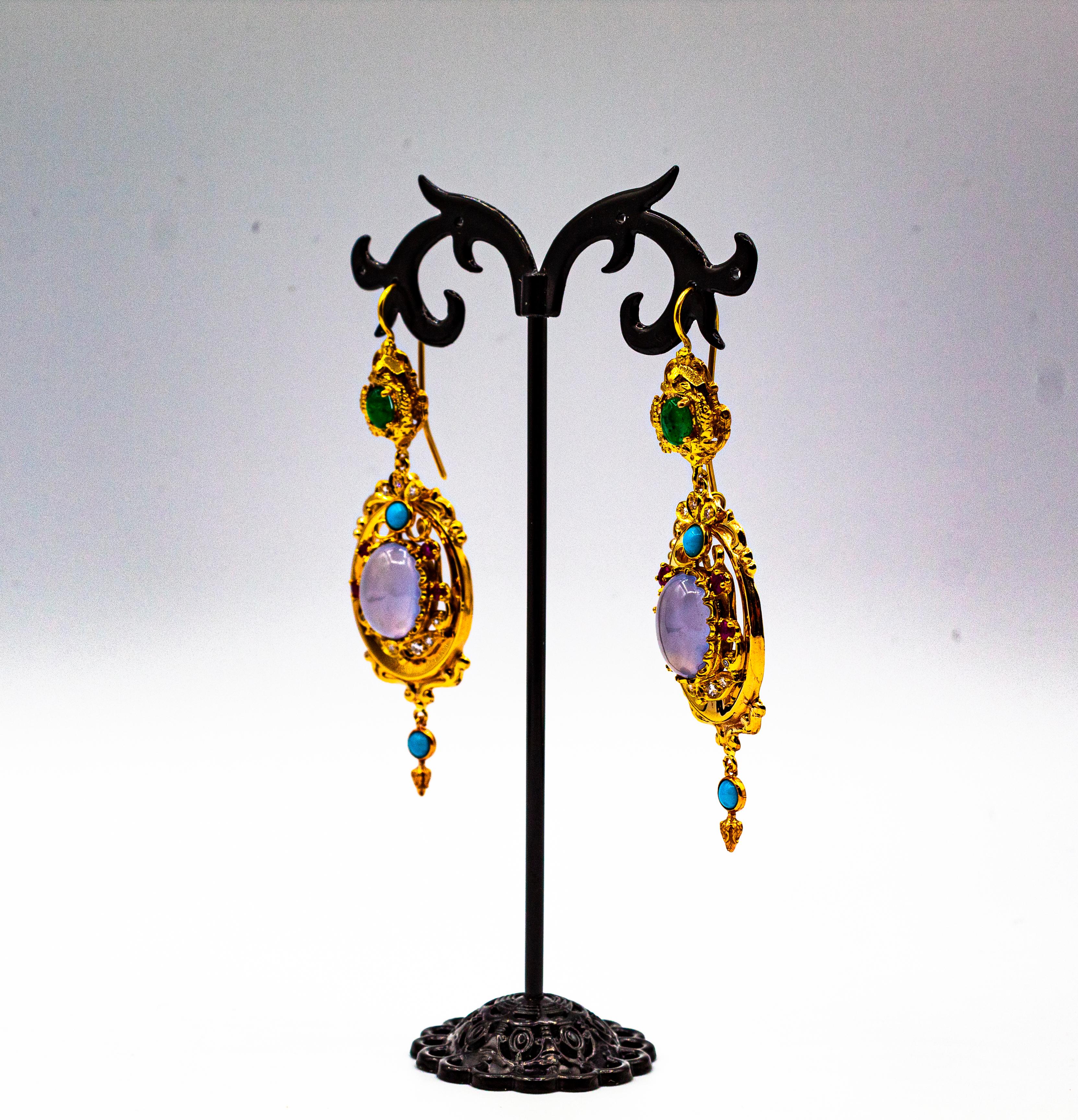 Art Deco Style Diamond Emerald Ruby Chalcedony Turquoise Yellow Gold Earrings For Sale 5
