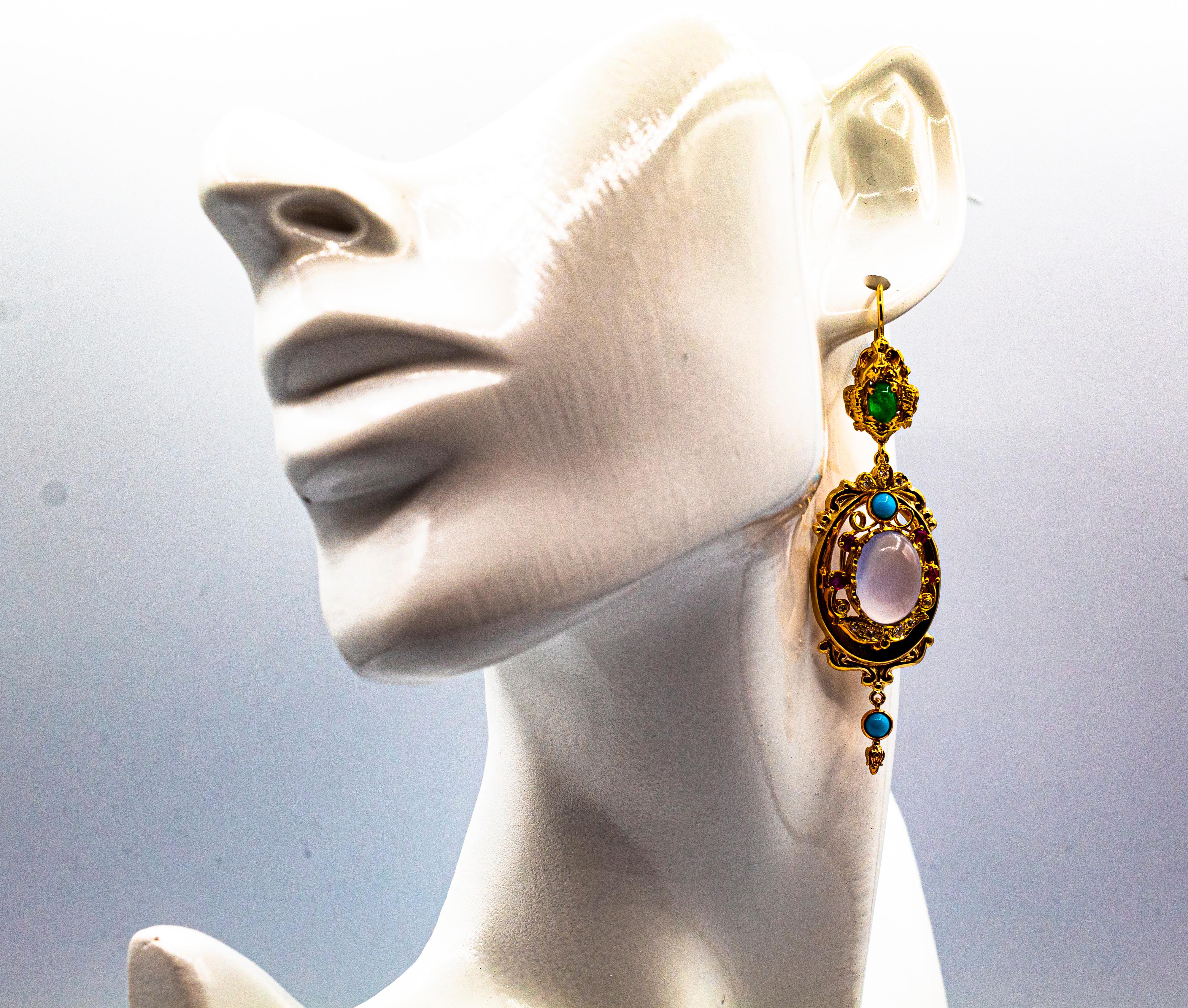 Art Deco Style Diamond Emerald Ruby Chalcedony Turquoise Yellow Gold Earrings 6
