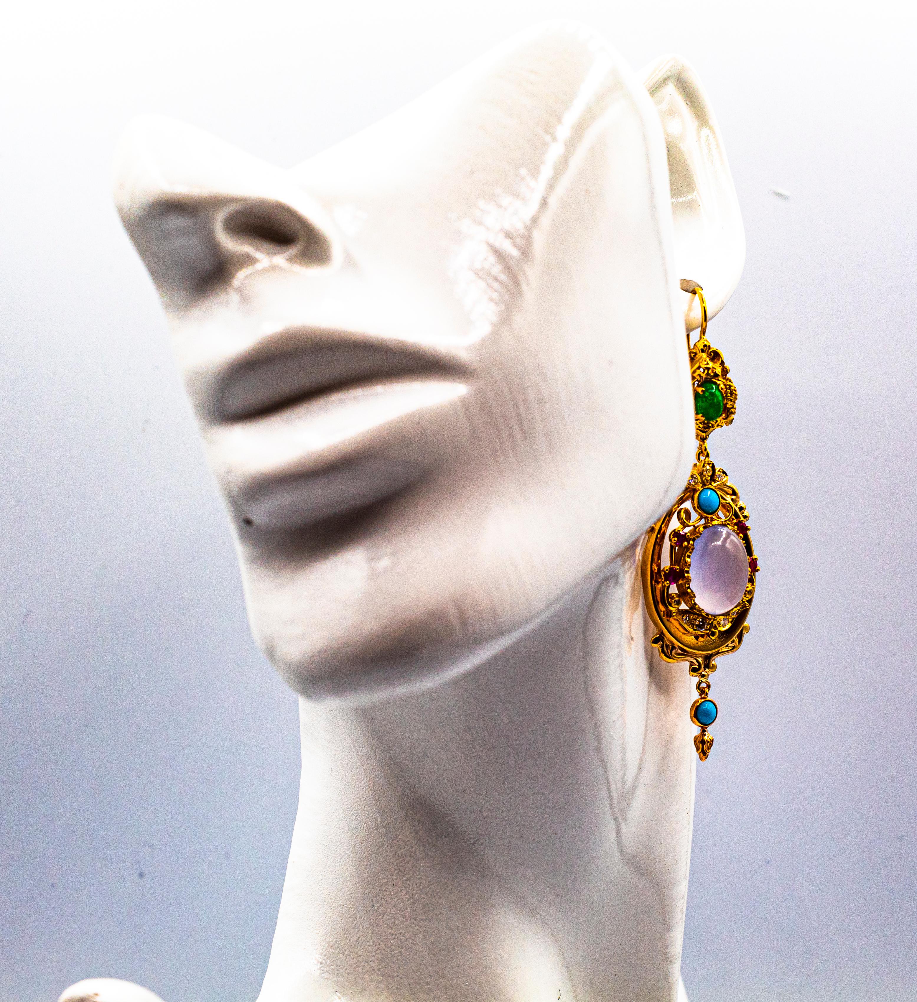 Art Deco Style Diamond Emerald Ruby Chalcedony Turquoise Yellow Gold Earrings For Sale 7