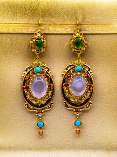 Art Deco Style Diamond Emerald Ruby Chalcedony Turquoise Yellow Gold Earrings