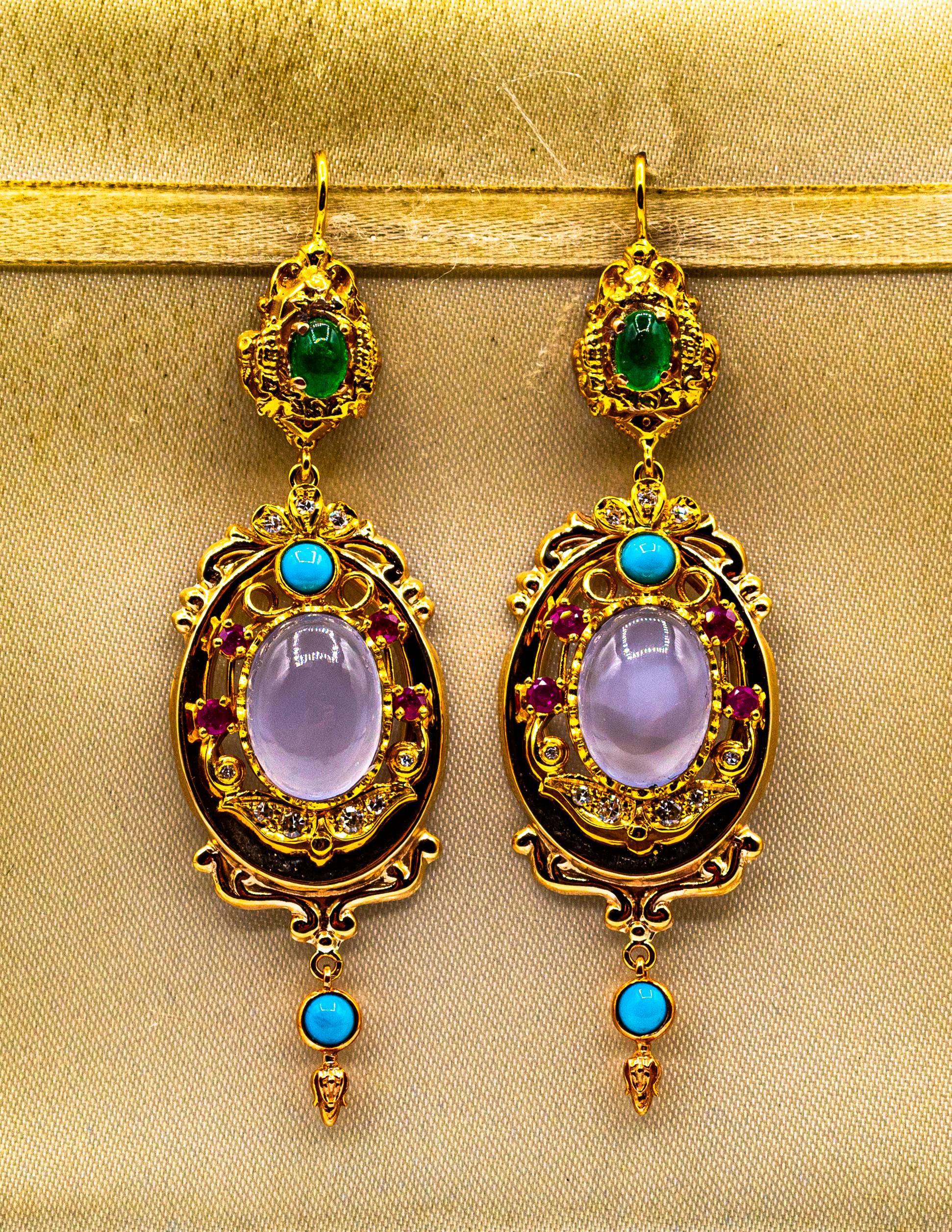 Brilliant Cut Art Deco Style Diamond Emerald Ruby Chalcedony Turquoise Yellow Gold Earrings
