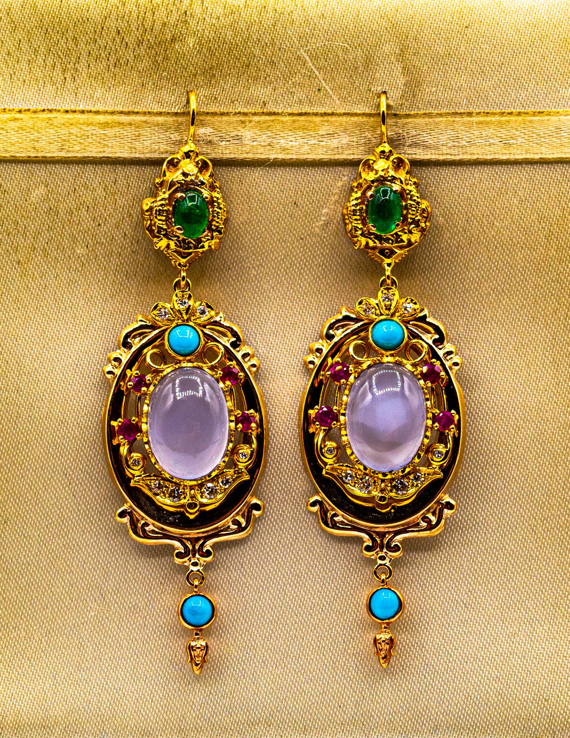 Brilliant Cut Art Deco Style Diamond Emerald Ruby Chalcedony Turquoise Yellow Gold Earrings For Sale