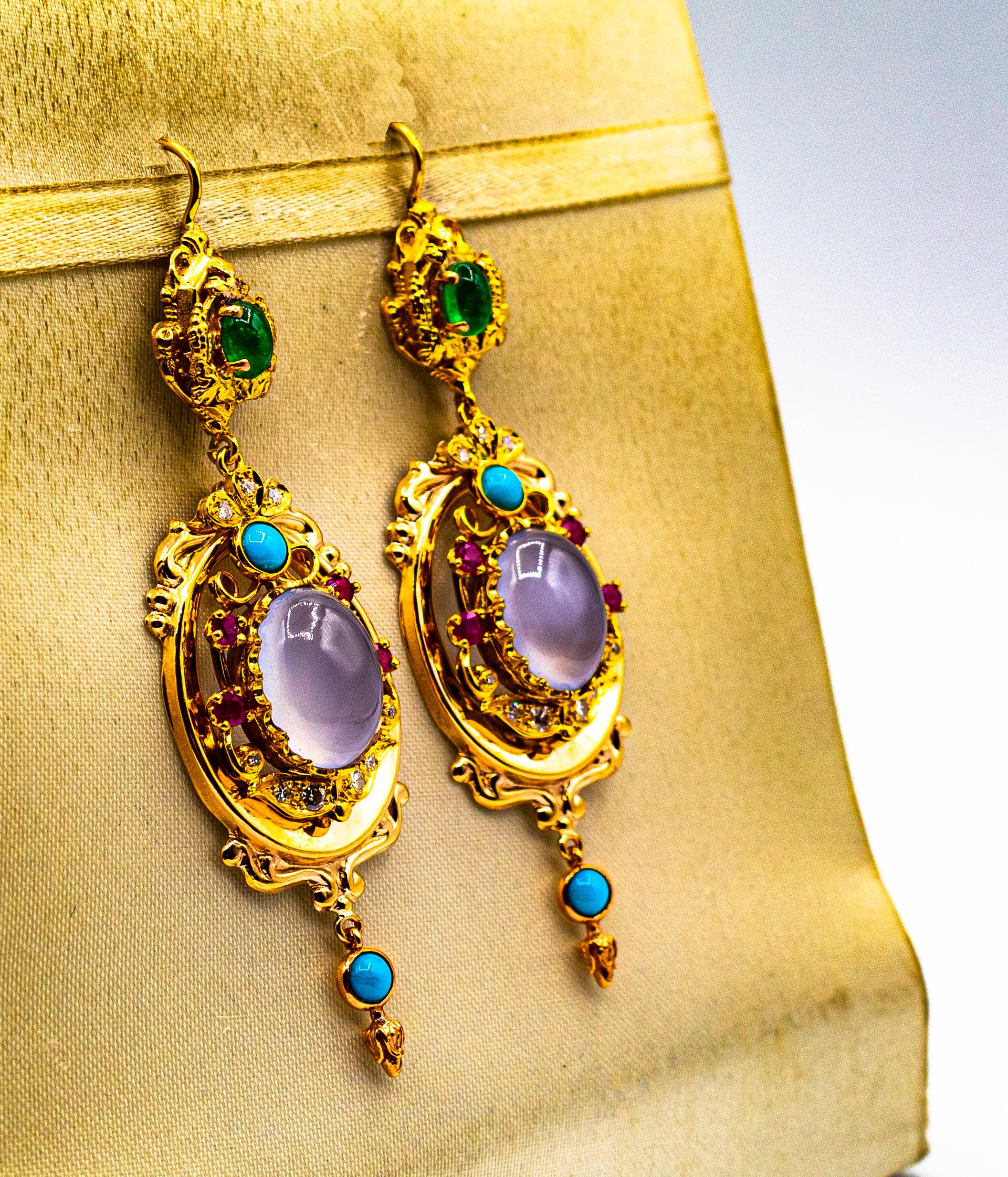 Art Deco Style Diamond Emerald Ruby Chalcedony Turquoise Yellow Gold Earrings In New Condition For Sale In Naples, IT