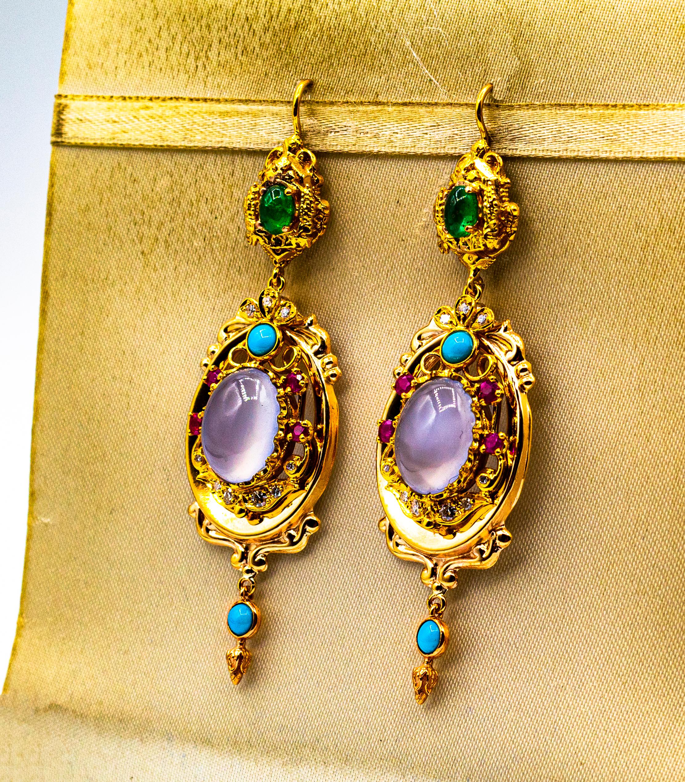 Women's or Men's Art Deco Style Diamond Emerald Ruby Chalcedony Turquoise Yellow Gold Earrings