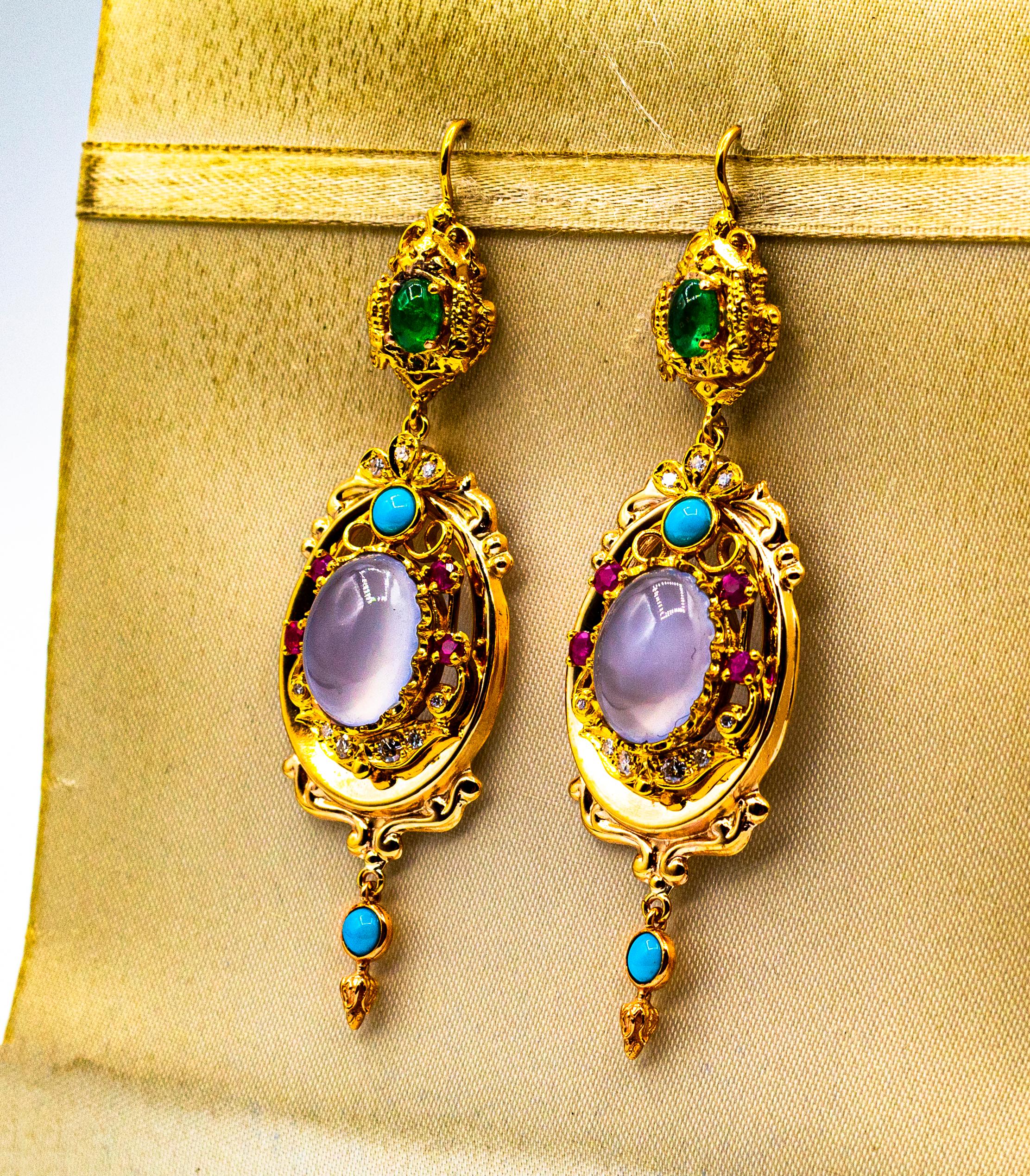 Women's or Men's Art Deco Style Diamond Emerald Ruby Chalcedony Turquoise Yellow Gold Earrings For Sale