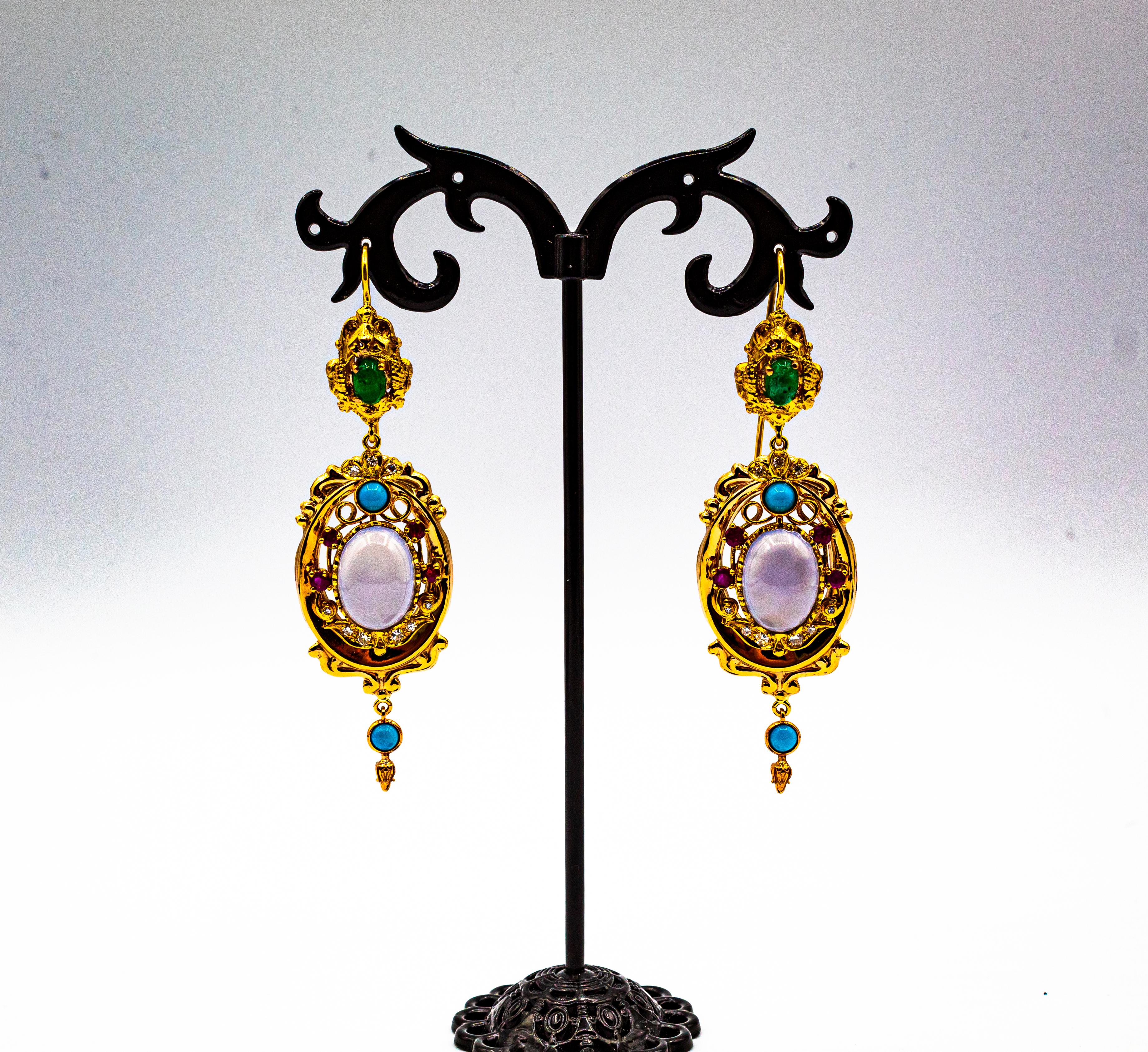 Art Deco Style Diamond Emerald Ruby Chalcedony Turquoise Yellow Gold Earrings For Sale 1