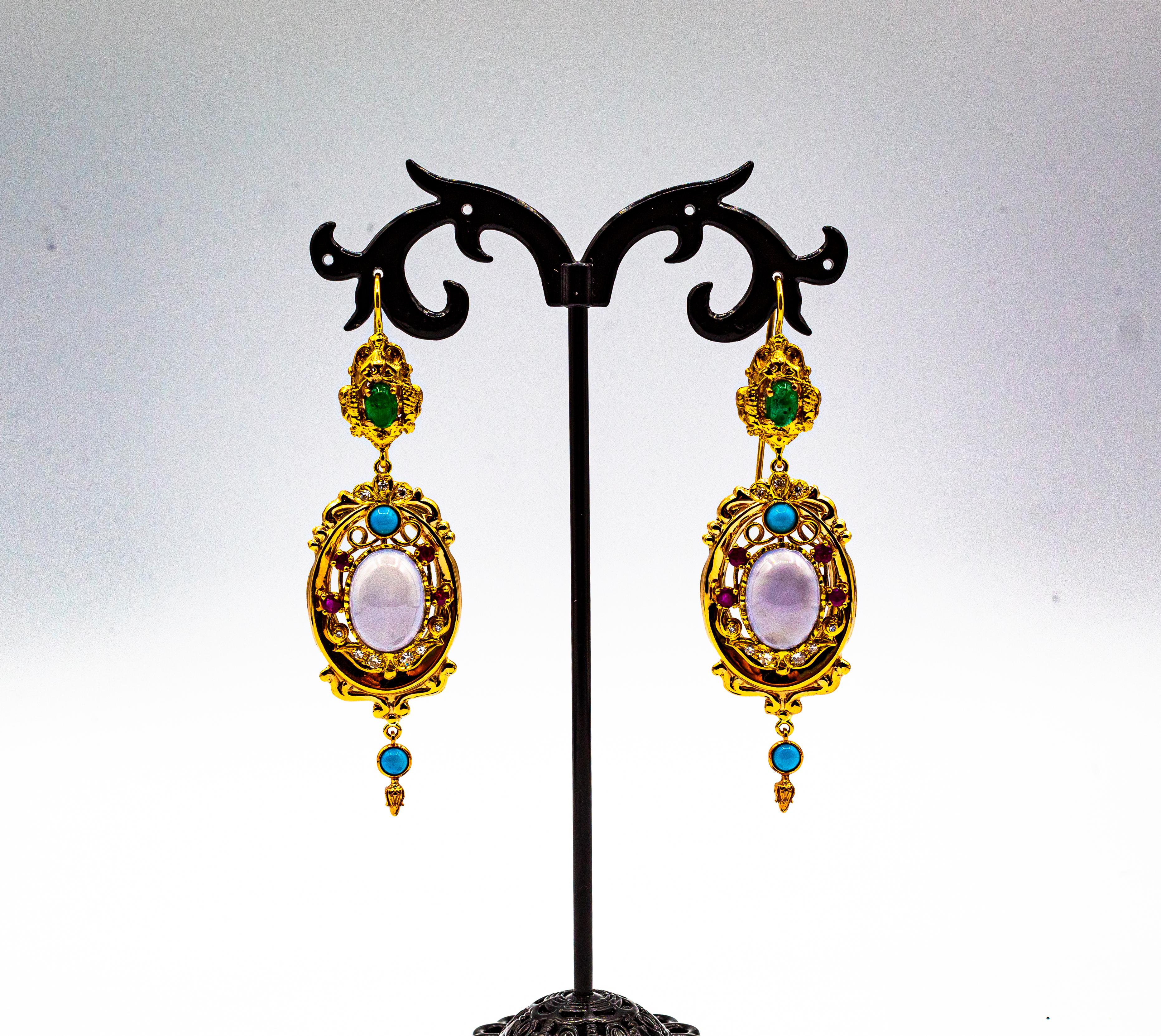 Art Deco Style Diamond Emerald Ruby Chalcedony Turquoise Yellow Gold Earrings 2
