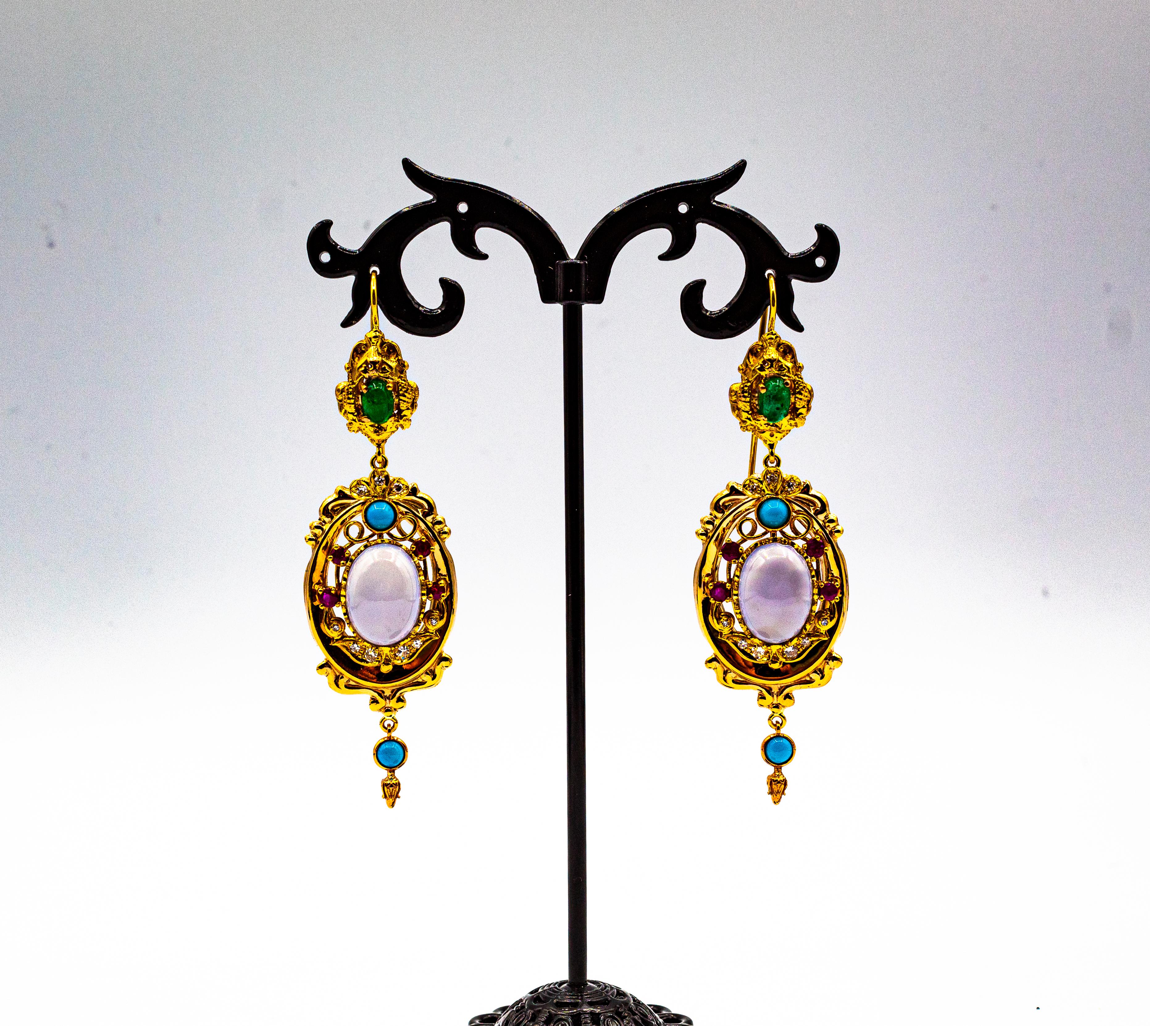 Art Deco Style Diamond Emerald Ruby Chalcedony Turquoise Yellow Gold Earrings For Sale 2