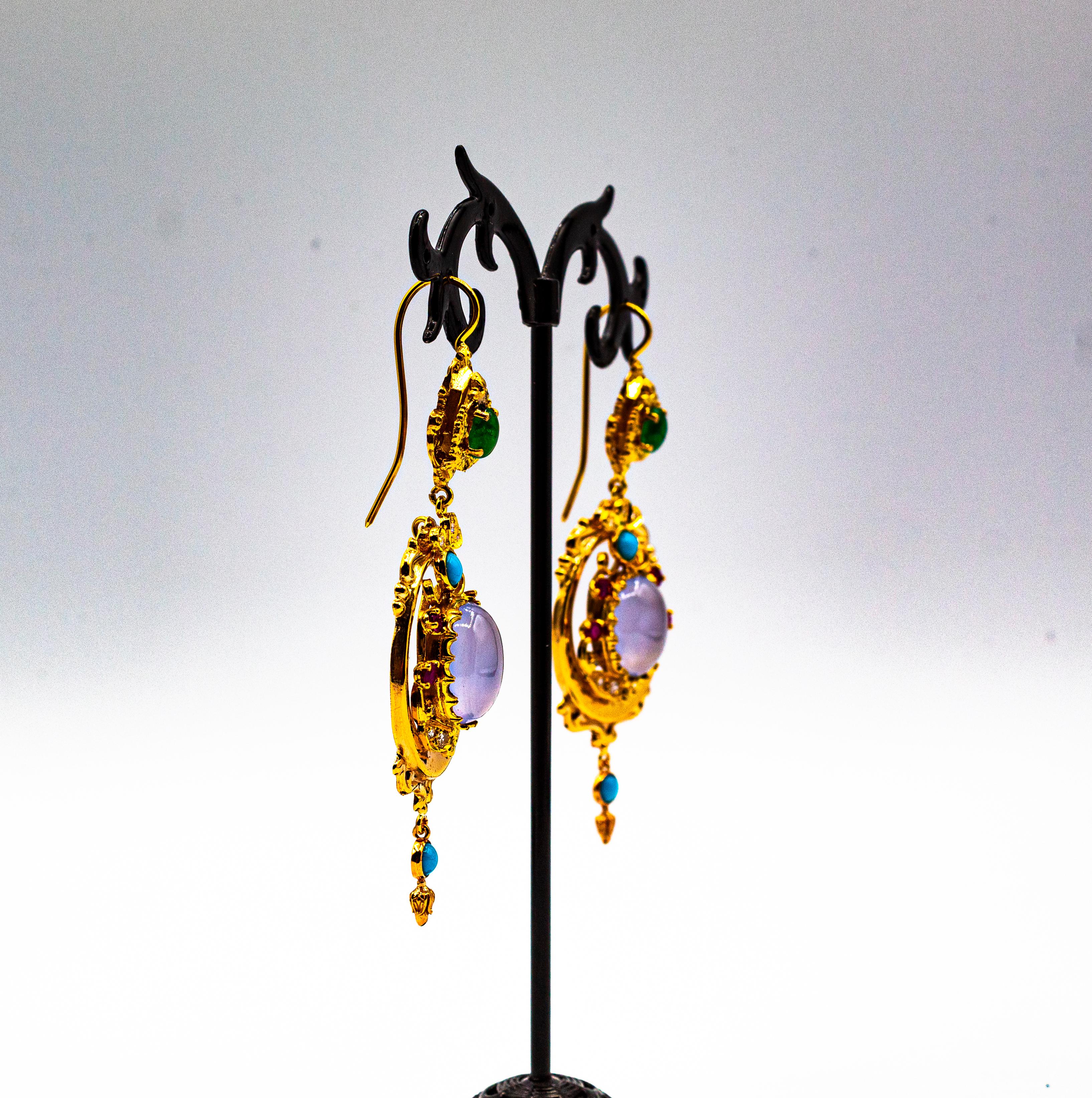Art Deco Style Diamond Emerald Ruby Chalcedony Turquoise Yellow Gold Earrings For Sale 3