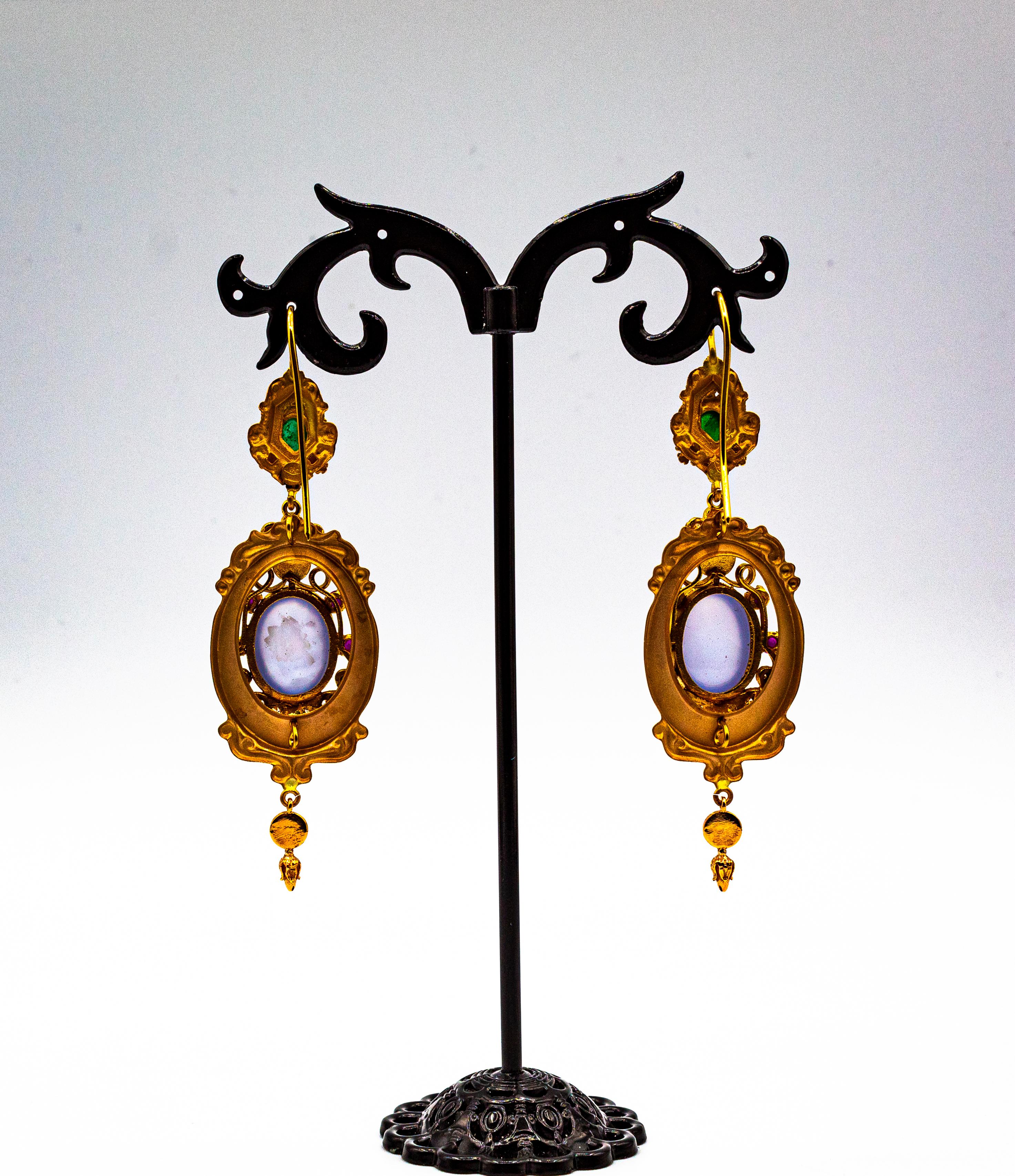 Art Deco Style Diamond Emerald Ruby Chalcedony Turquoise Yellow Gold Earrings 4