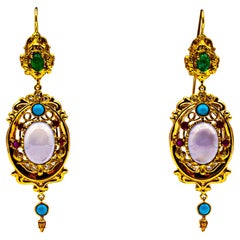 Art Deco Style Diamond Emerald Ruby Chalcedony Turquoise Yellow Gold Earrings