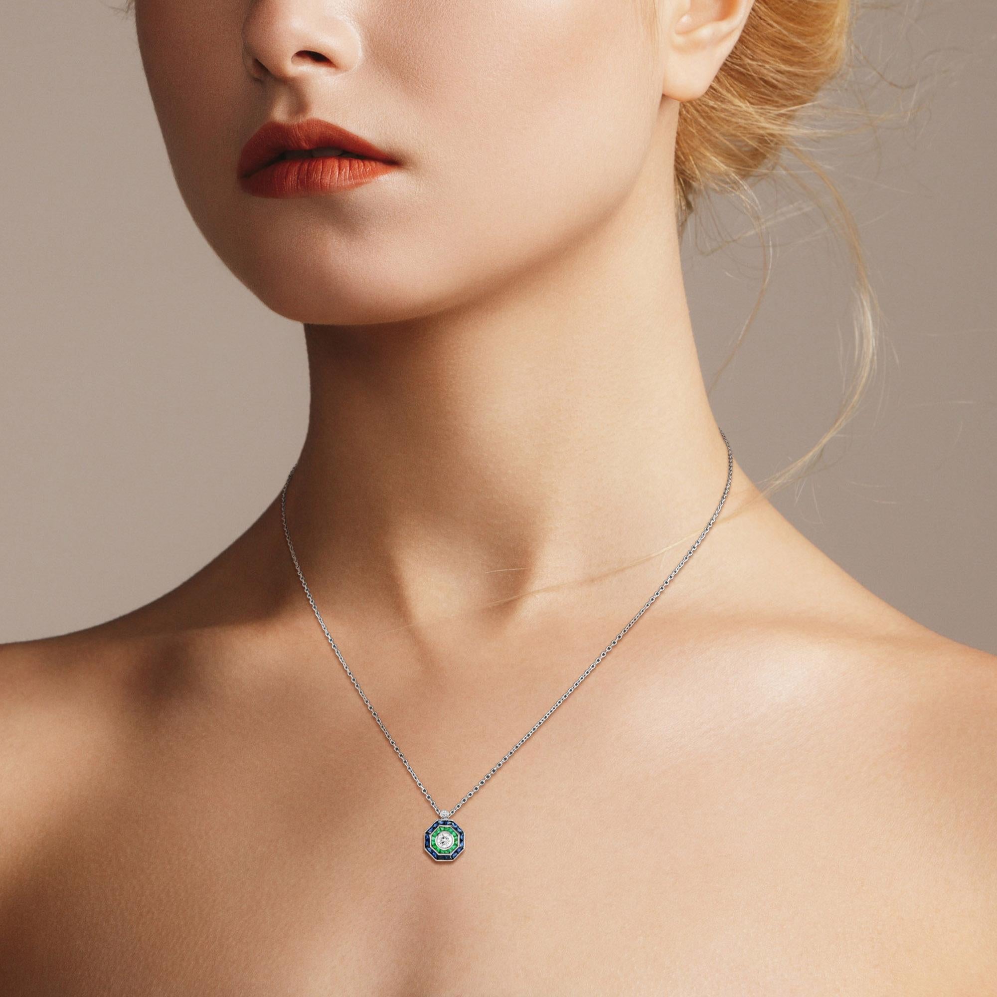 Art Deco Style Diamond & Emerald Sapphire 18K White Gold Pendant Necklace im Zustand „Neu“ im Angebot in Oakton, VA