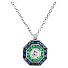 Art Deco Style Diamond & Emerald Sapphire 18K White Gold Pendant Necklace