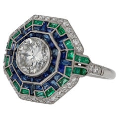 Art Deco Style Diamond Emerald Sapphire Mosaic Cocktail Ring