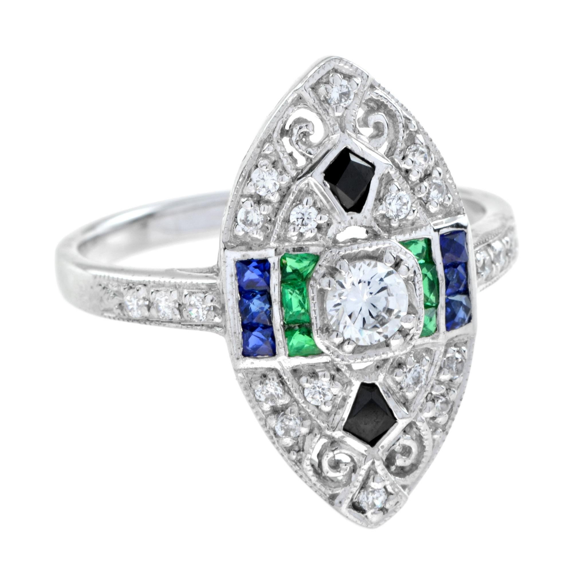 A gemstones mix of diamond, emerald, sapphire, and onyx come together to create the Art Deco marquise shape ring. This true Art Deco design with millgrain edge ring is super precious making it perfect for the lady on the go!
Ring Information
Style: