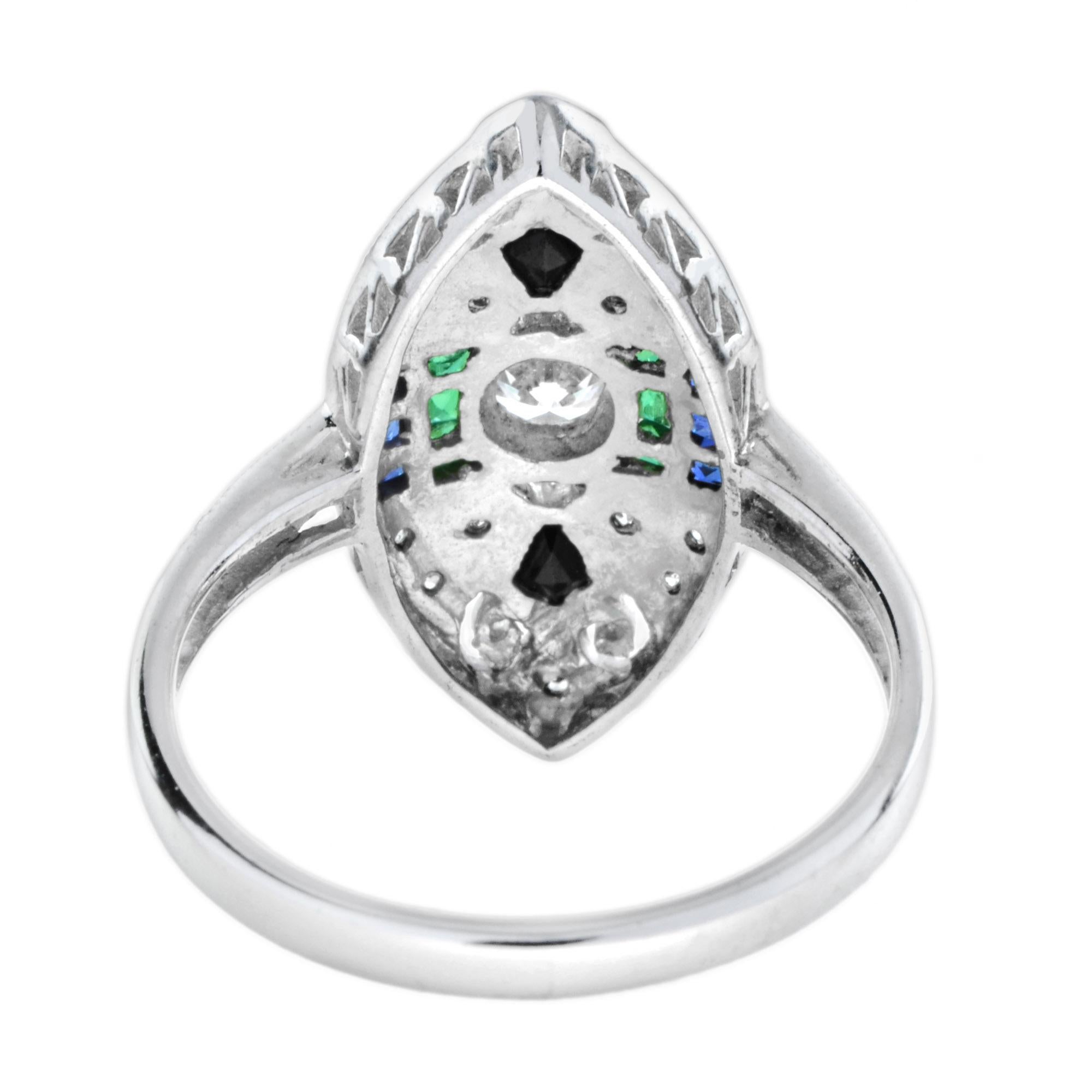 Art déco Art Deco Style Diamond Emerald & Sapphire Onyx Marquise Shape 18KW Gold Ring en vente