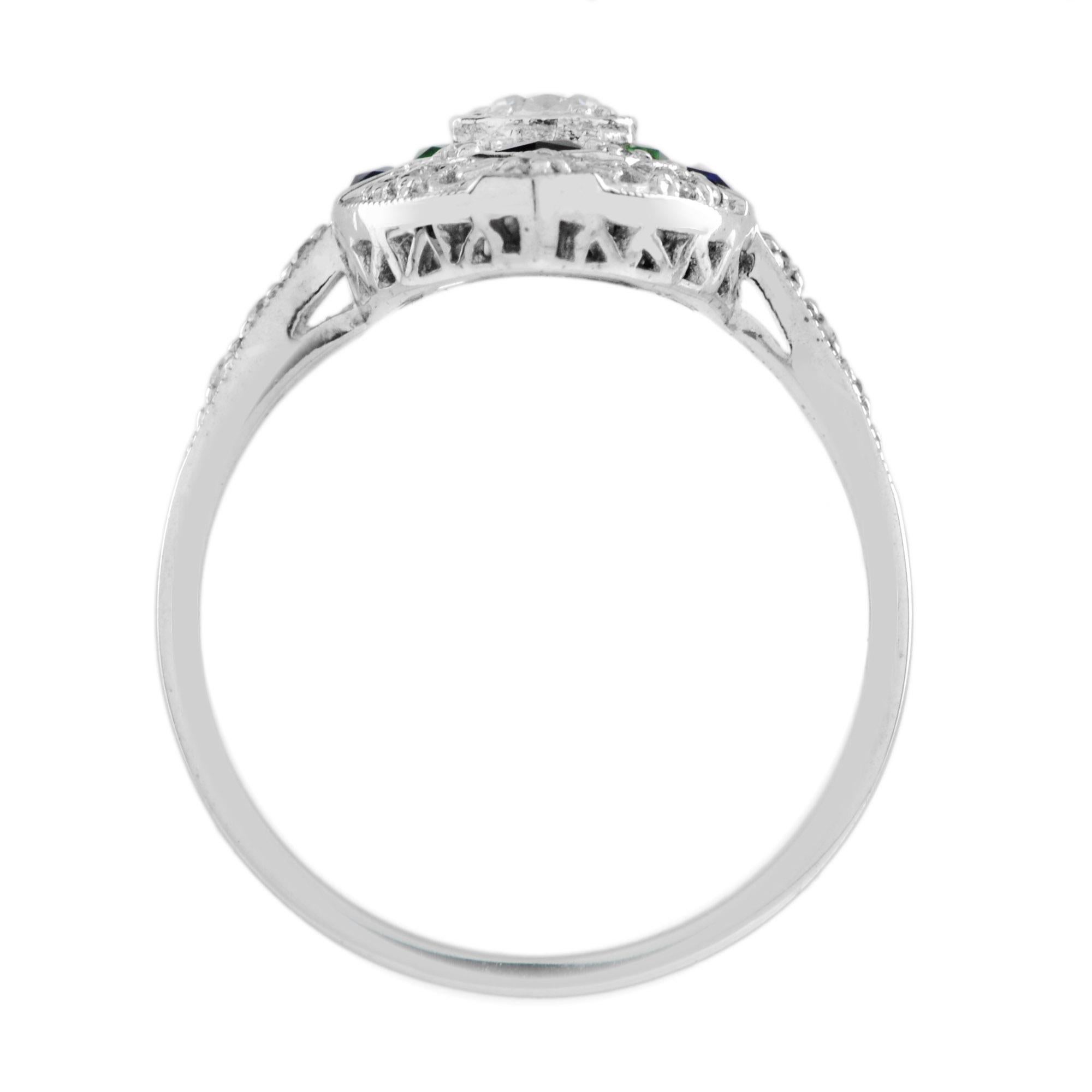 Taille ronde Art Deco Style Diamond Emerald & Sapphire Onyx Marquise Shape 18KW Gold Ring en vente