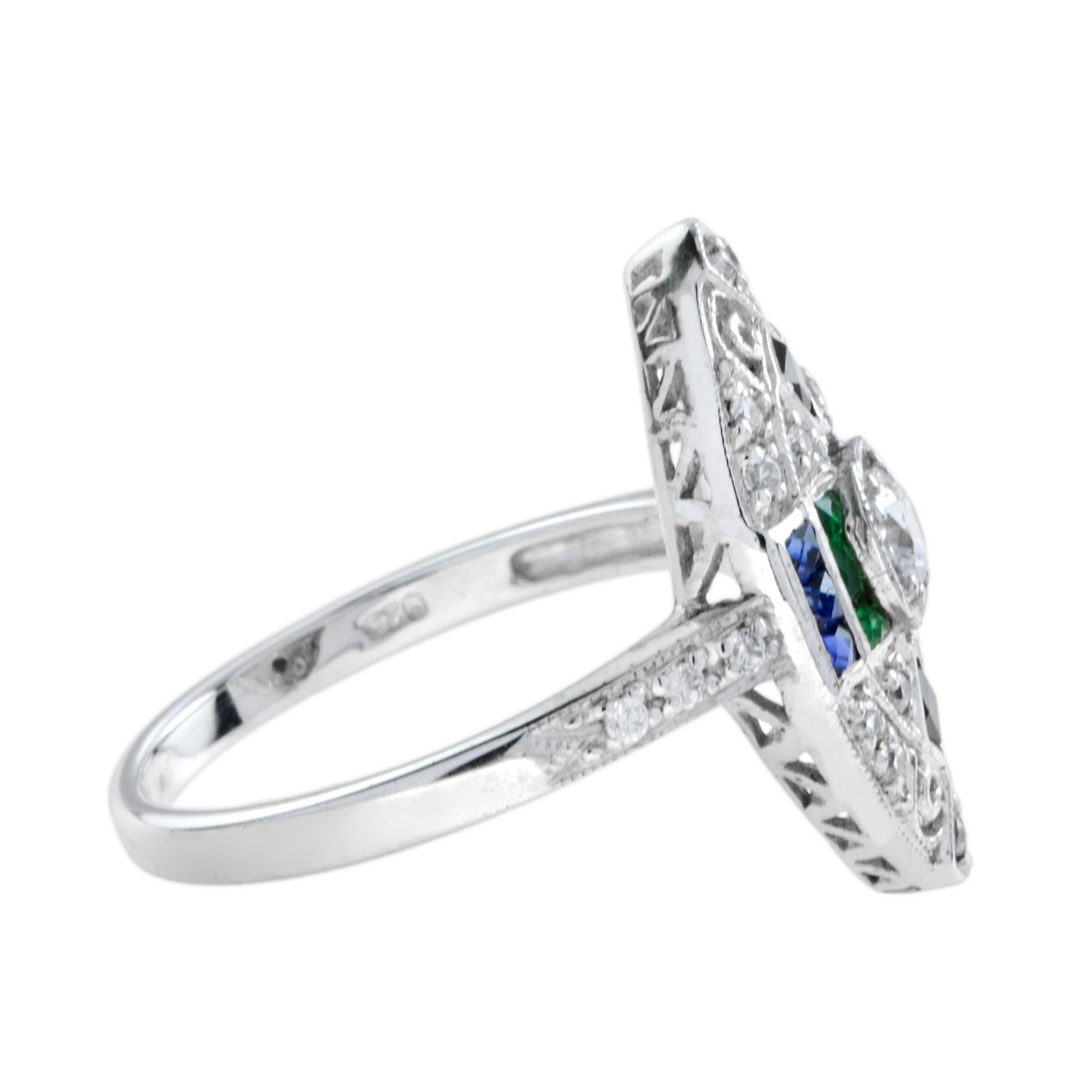 Art Deco Style Diamond Emerald & Sapphire Onyx Marquise Shape 18KW Gold Ring Neuf - En vente à Oakton, VA
