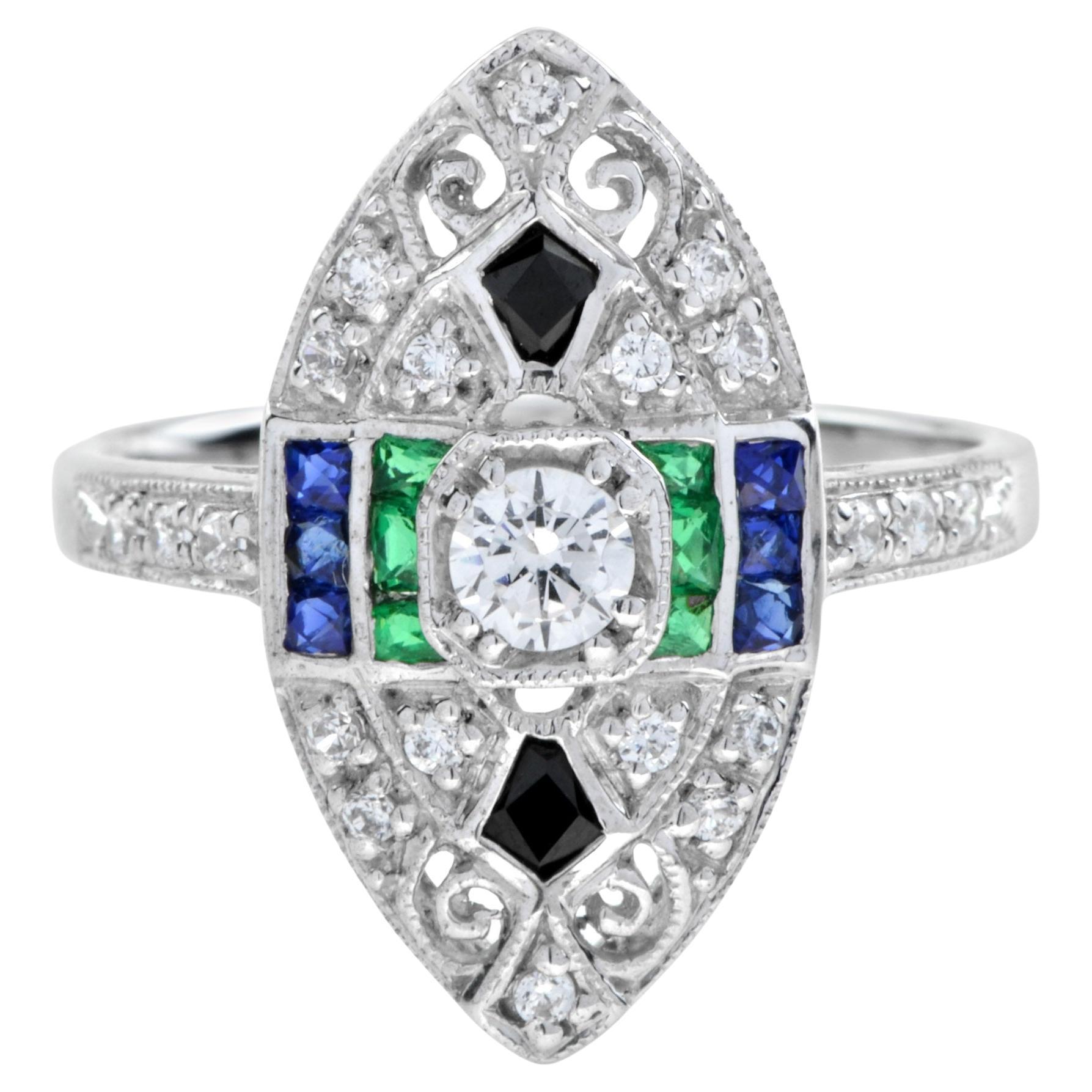 Art Deco Style Diamond Emerald & Sapphire Onyx Marquise Shape 18KW Gold Ring