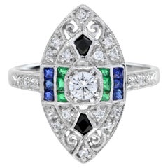 Art Deco Style Diamond Emerald & Sapphire Onyx Marquise Shape 18KW Gold Ring