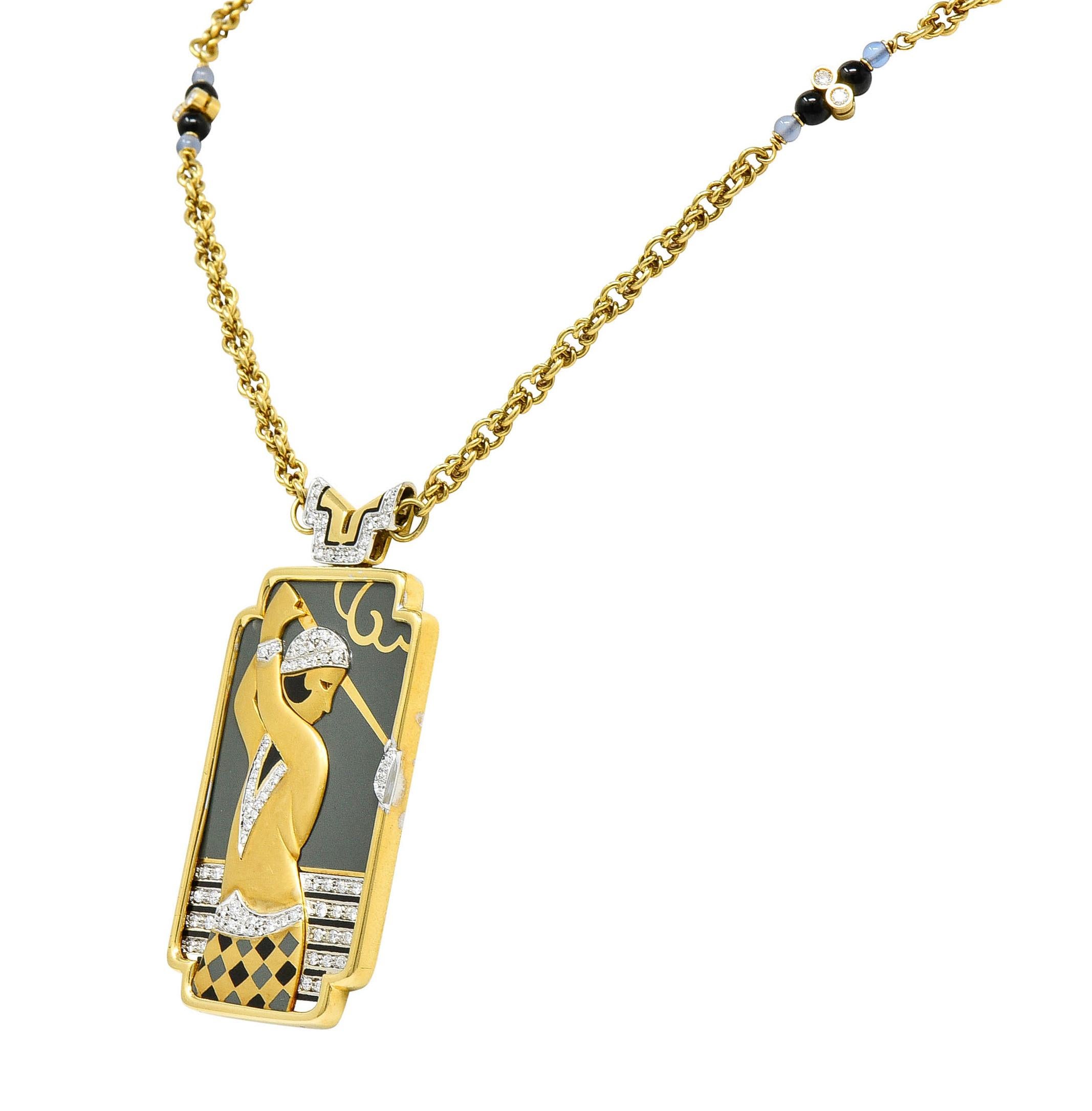 Art Deco Style Diamond Enamel 18 Karat Gold Flapper Golfer Sautoir Necklace In Excellent Condition In Philadelphia, PA