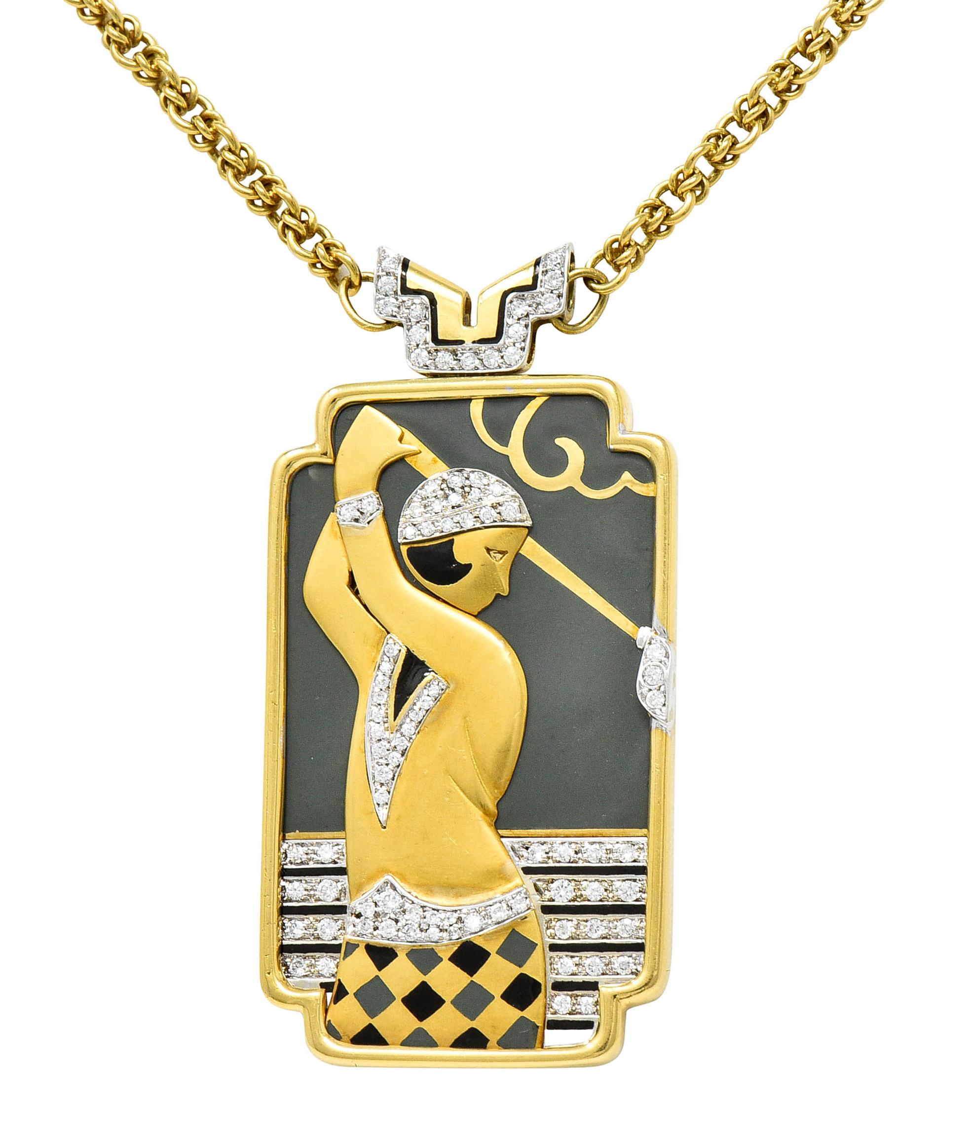 Women's or Men's Art Deco Style Diamond Enamel 18 Karat Gold Flapper Golfer Sautoir Necklace