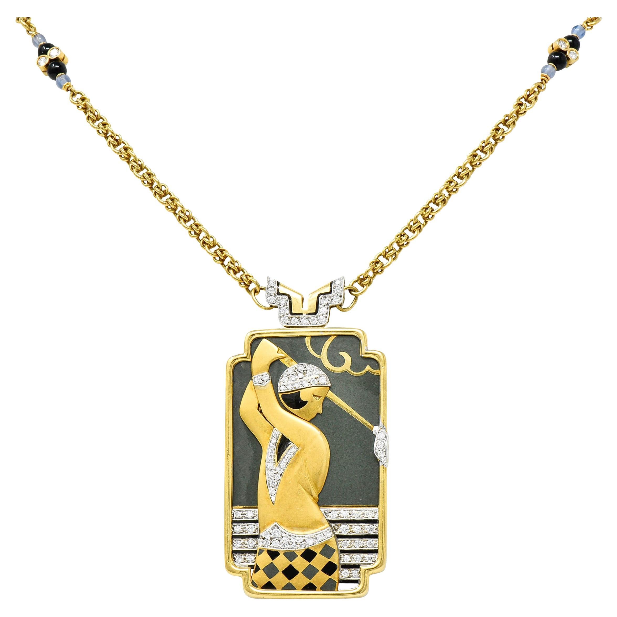 Art Deco Style Diamond Enamel 18 Karat Gold Flapper Golfer Sautoir Necklace