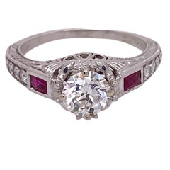 Art Deco Style Diamond Engagement Ring 18 Karat White Gold Mounting Ruby Accents