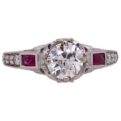 Vintage Art Deco Style Diamond Engagement Ring 18 Karat White Gold Mounting Ruby Accents