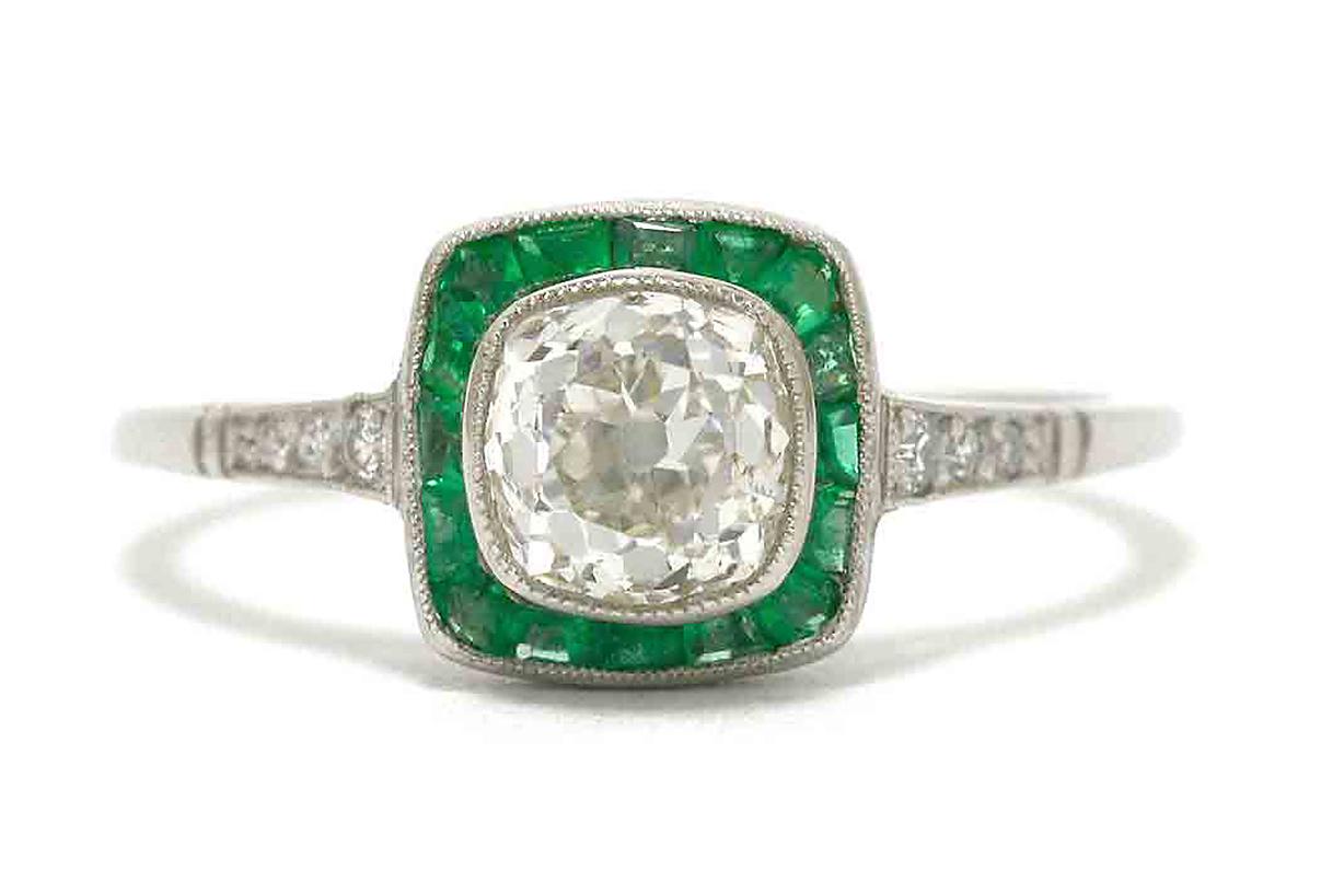 Art Deco Style Diamond Engagement Ring Emerald Halo Platinum Old Mine Cushion