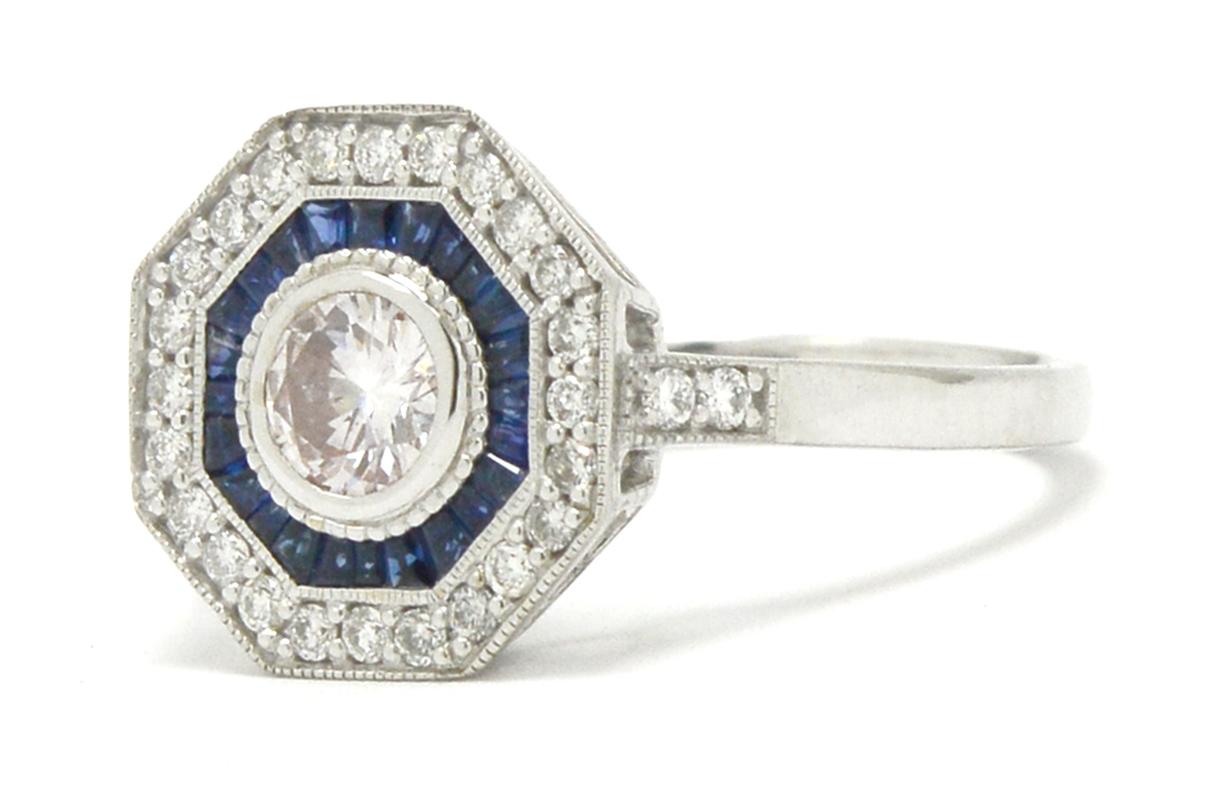 Verlobungsring im Art-Déco-Halo-Stil mit Saphir und Diamant im Zustand „Neu“ in Santa Barbara, CA