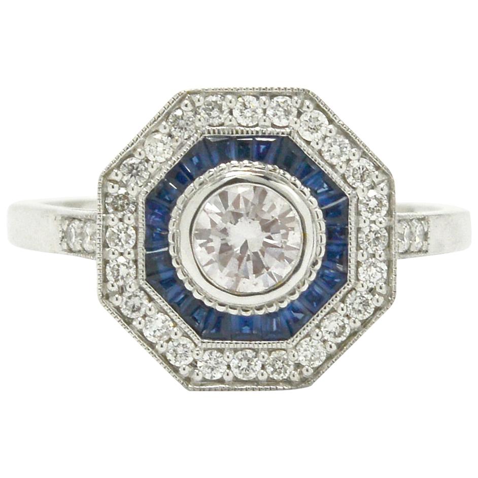 Art Deco Halo Style Sapphire Diamond Engagement Ring 