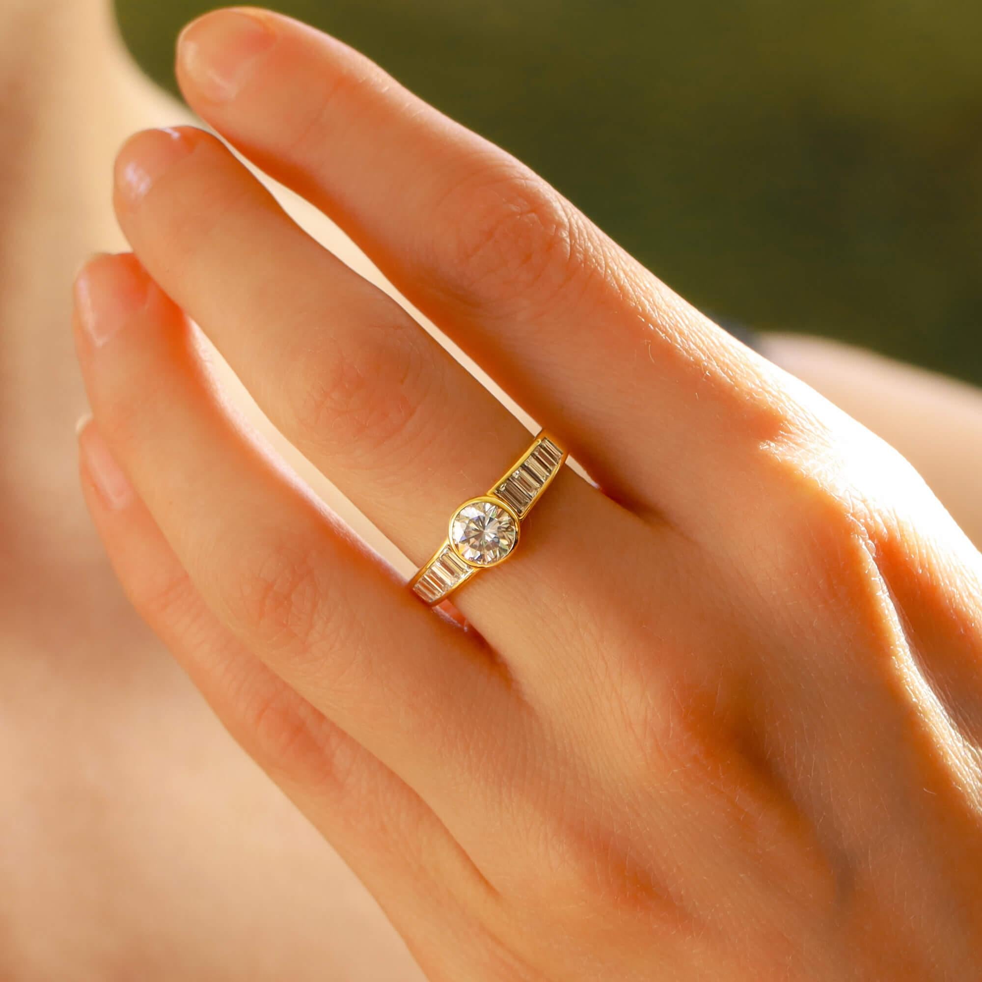 Baguette Cut Art Deco Style Diamond Engagement Ring Set in 18k Yellow Gold
