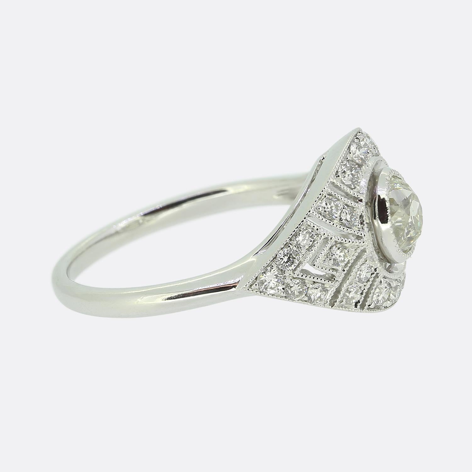 Brilliant Cut Art Deco Style Diamond Filigree Ring For Sale