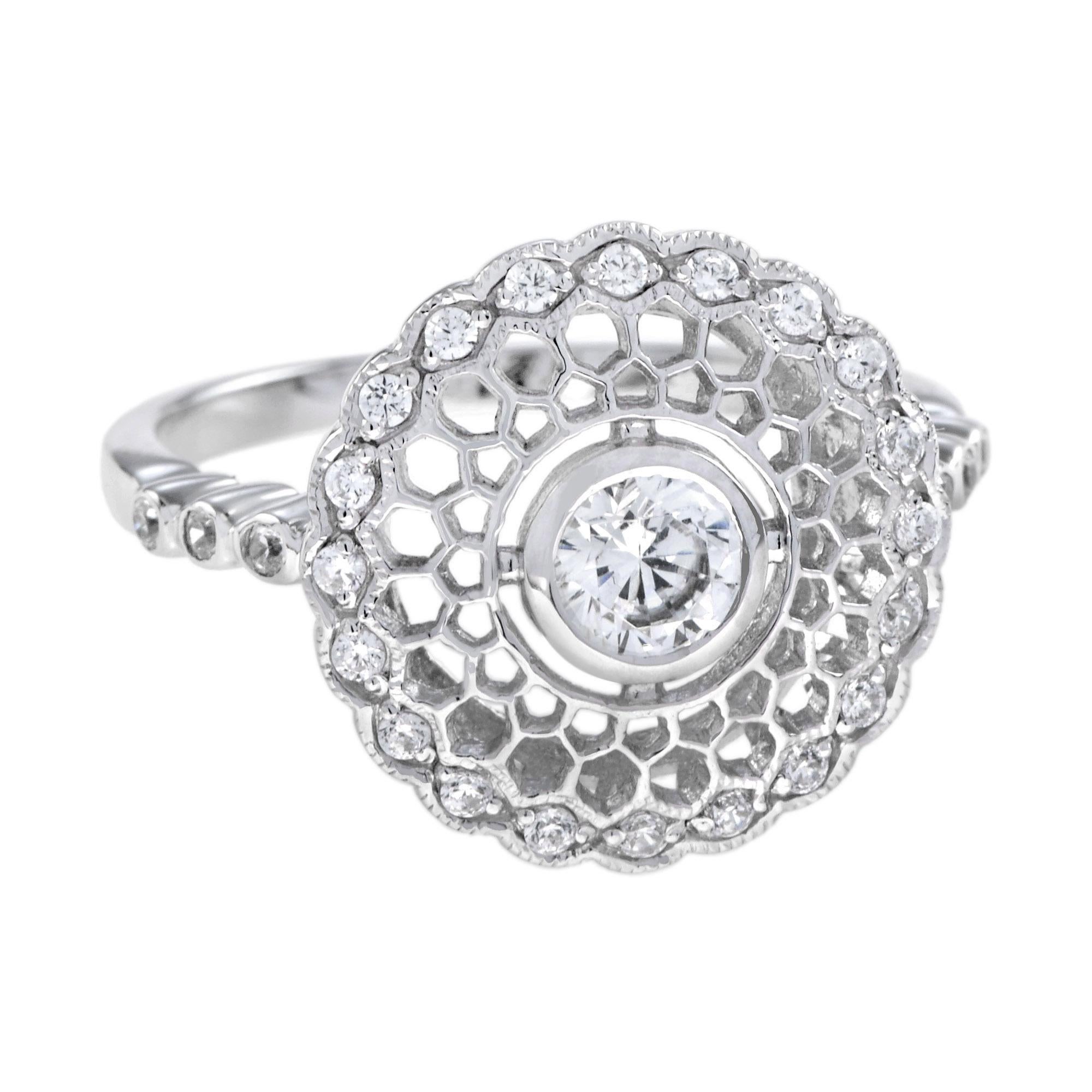 For Sale:  Art Deco Style Diamond Filigree Ring in 18K White Gold 3