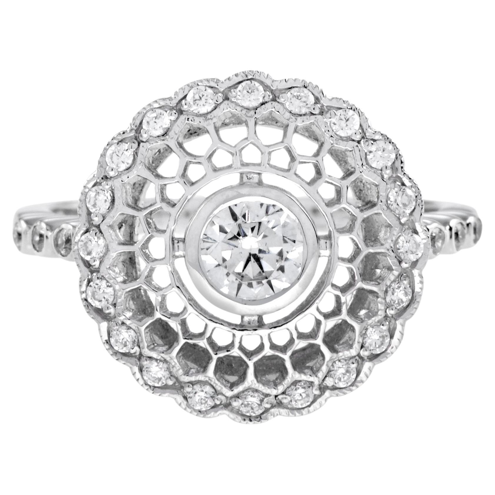 For Sale:  Art Deco Style Diamond Filigree Ring in 18K White Gold