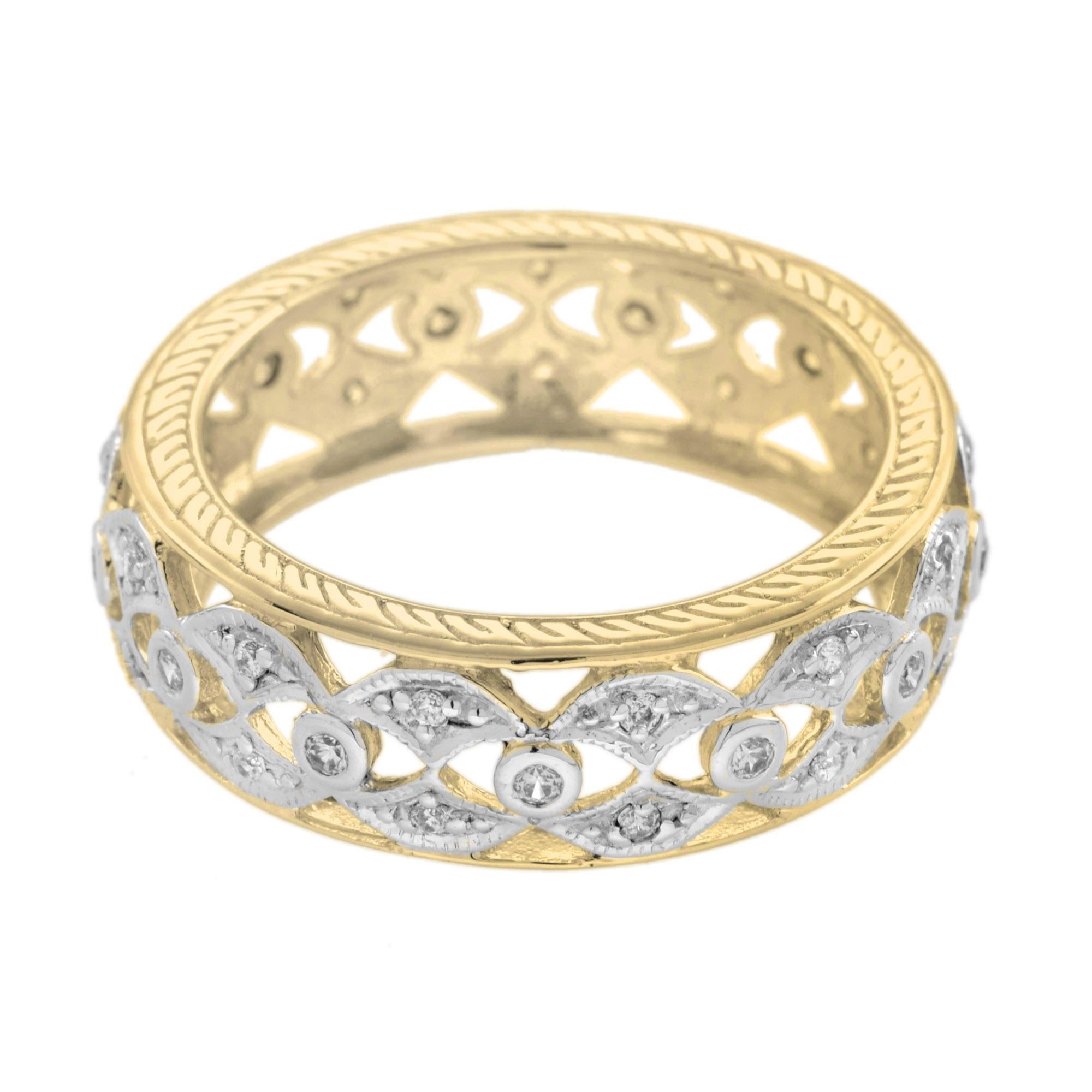 Vintage charm and modern appeal come together in this elegant 14k yellow gold Art Deco Style Diamond Floral Filigree Ring. The sophisticated milgrain beads shaping the floral pattern and framing the edge of the ring shine dazzling in the sun. When