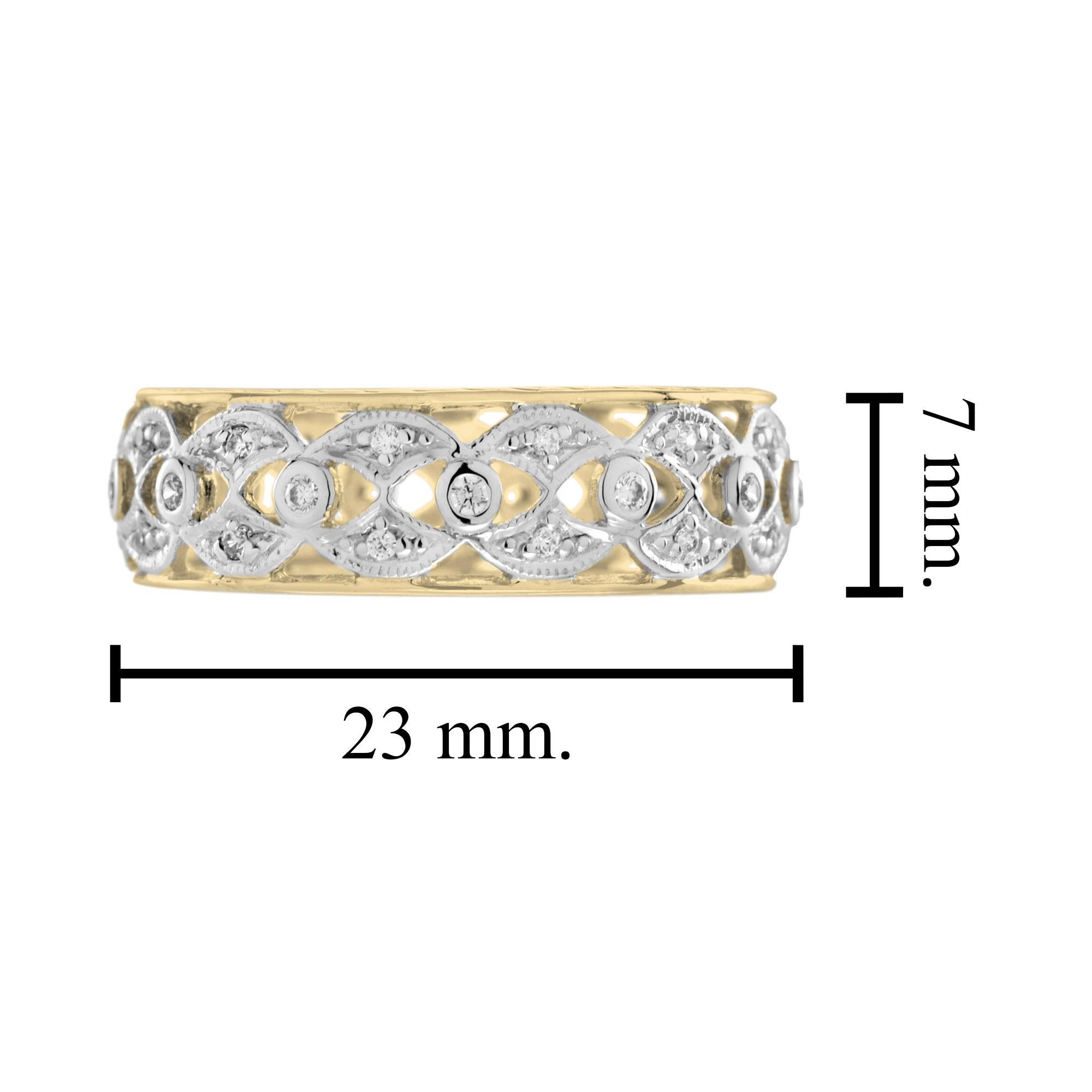 Art Deco Style Diamond Floral Filigree Eternity Band 14K White Yellow Gold Ring In New Condition For Sale In Oakton, VA