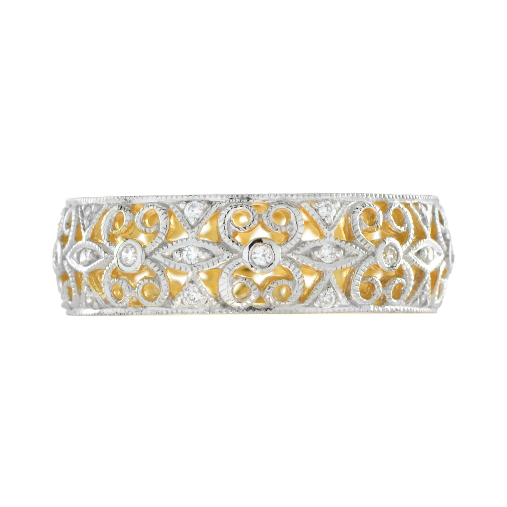 For Sale:  Art Deco Style Diamond Floral Filigree Eternity Band Ring in 14K Yellow Gold 2